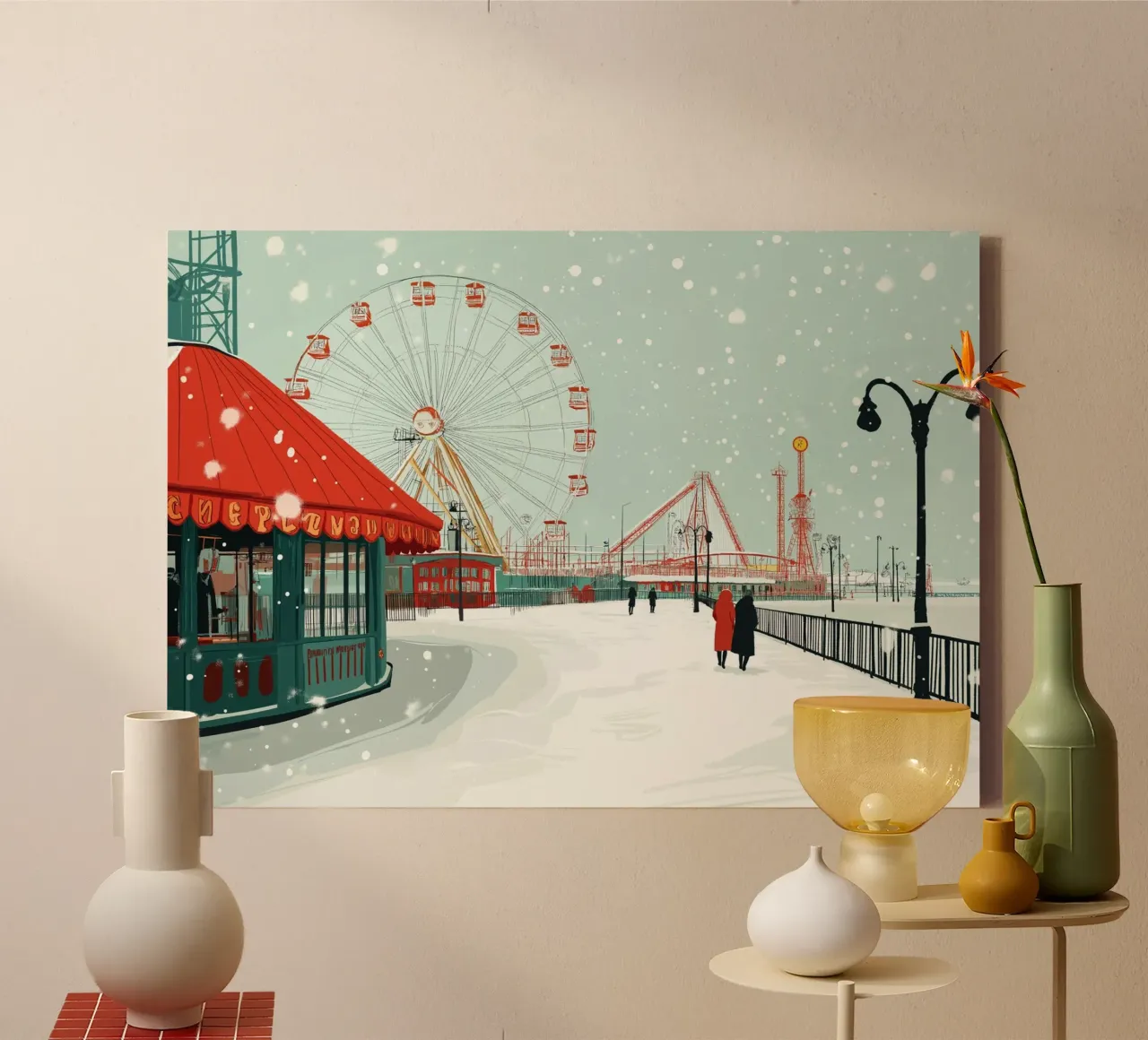 Parc d'attractions enneigé - Art de la grande roue du carnaval d'hiver toile avec Caisse américaine de ClubArt