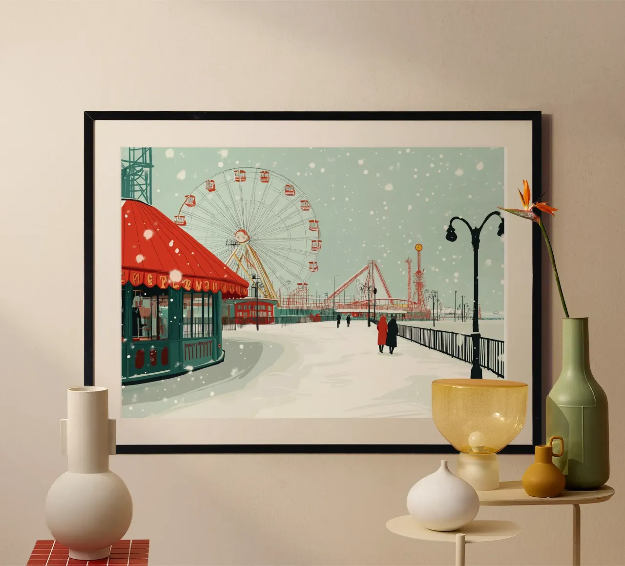 Verschneiter Vergnügungspark - Winterkarneval Riesenrad Kunst Poster von ClubArt