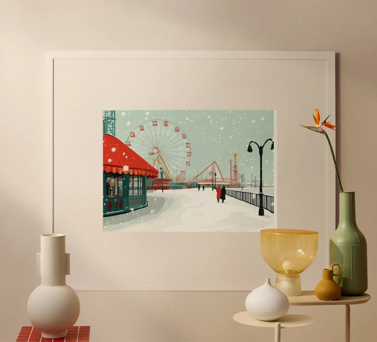 Verschneiter Vergnügungspark - Winterkarneval Riesenrad Kunst Poster von ClubArt
