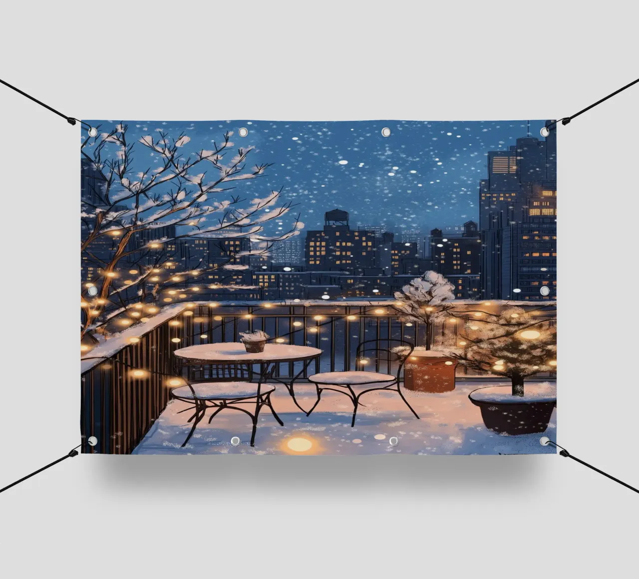 Accogliente balcone invernale - Luci sul tetto della città innevata telo in pvc da ClubArt