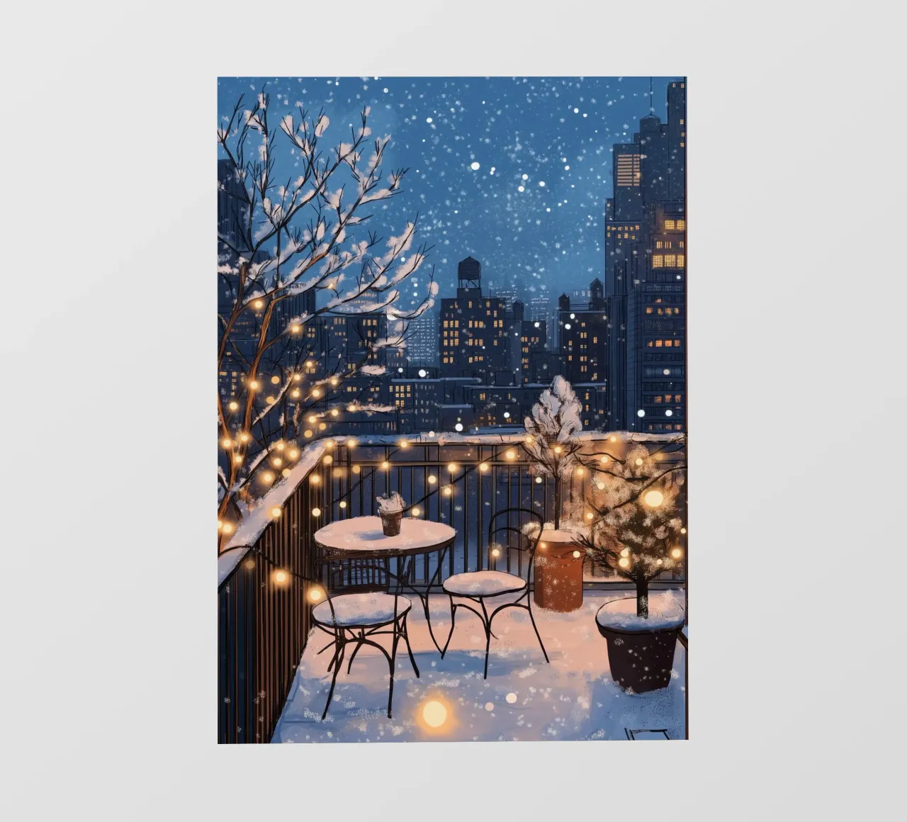 Accogliente balcone invernale - Luci sul tetto della città innevata telo in pvc da ClubArt