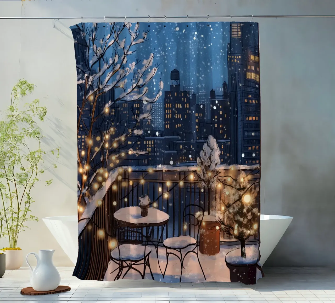 Accogliente balcone invernale - Luci sul tetto della città innevata tenda da doccia da ClubArt