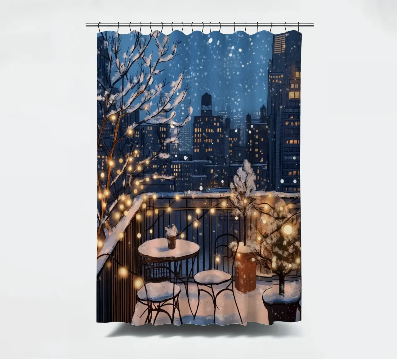 Accogliente balcone invernale - Luci sul tetto della città innevata tenda da doccia da ClubArt