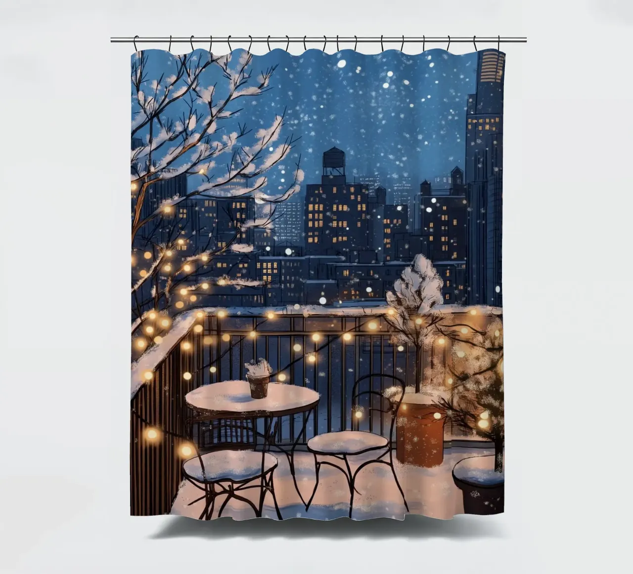 Accogliente balcone invernale - Luci sul tetto della città innevata tenda da doccia da ClubArt