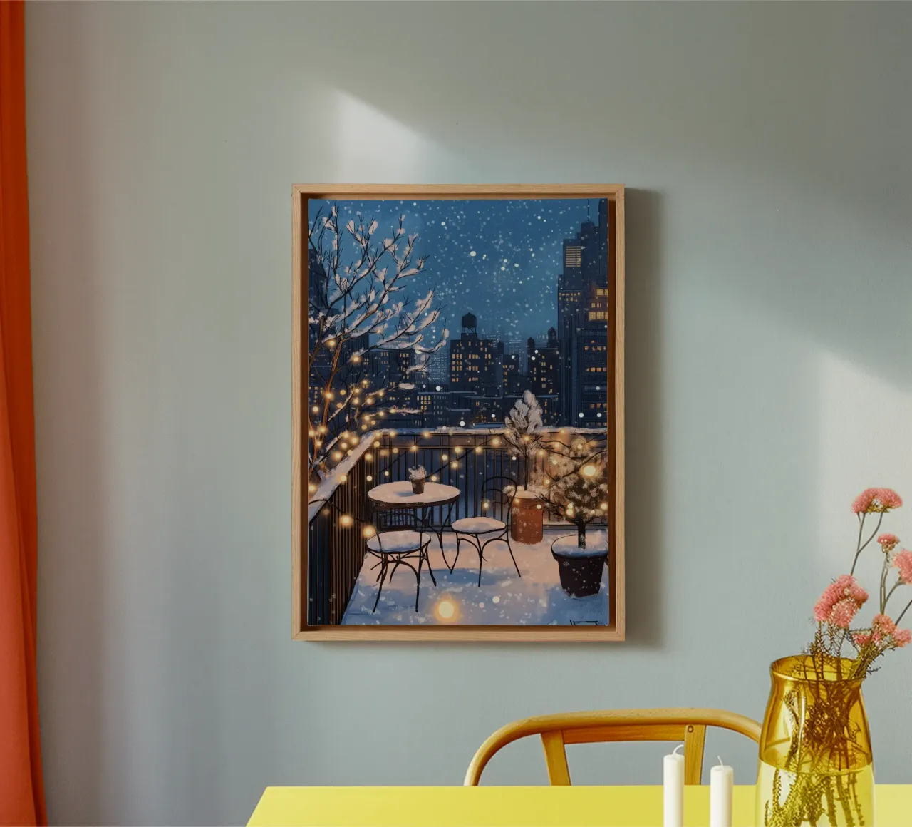 Accogliente balcone invernale - Luci sul tetto della città innevata tela con Cornice a cassetta da ClubArt