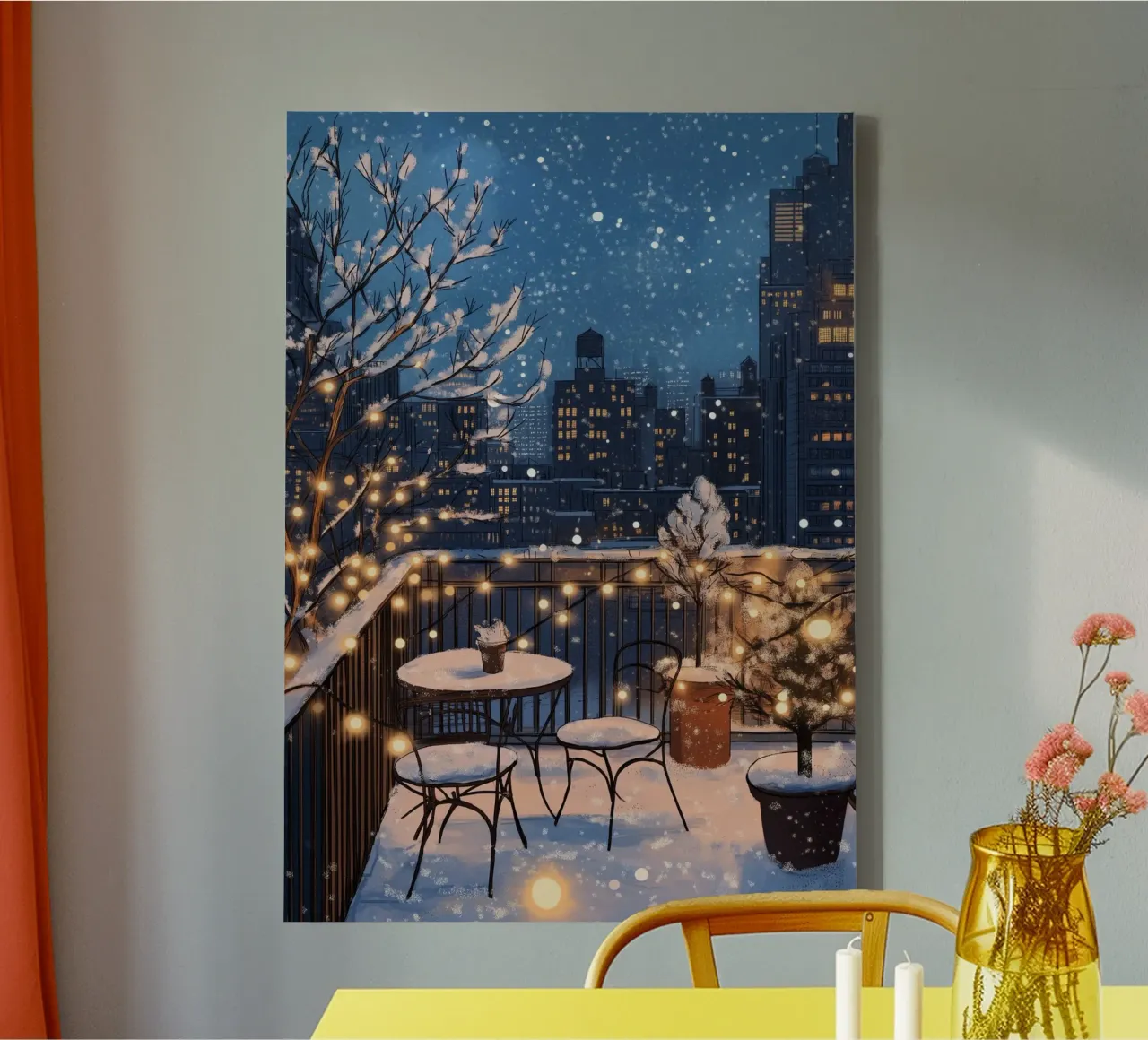 Accogliente balcone invernale - Luci sul tetto della città innevata tela con Cornice a cassetta da ClubArt