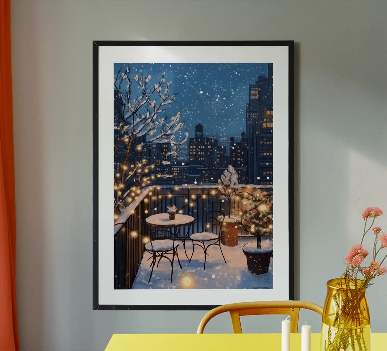Accogliente balcone invernale - Luci sul tetto della città innevata poster con telaio in alluminio da ClubArt
