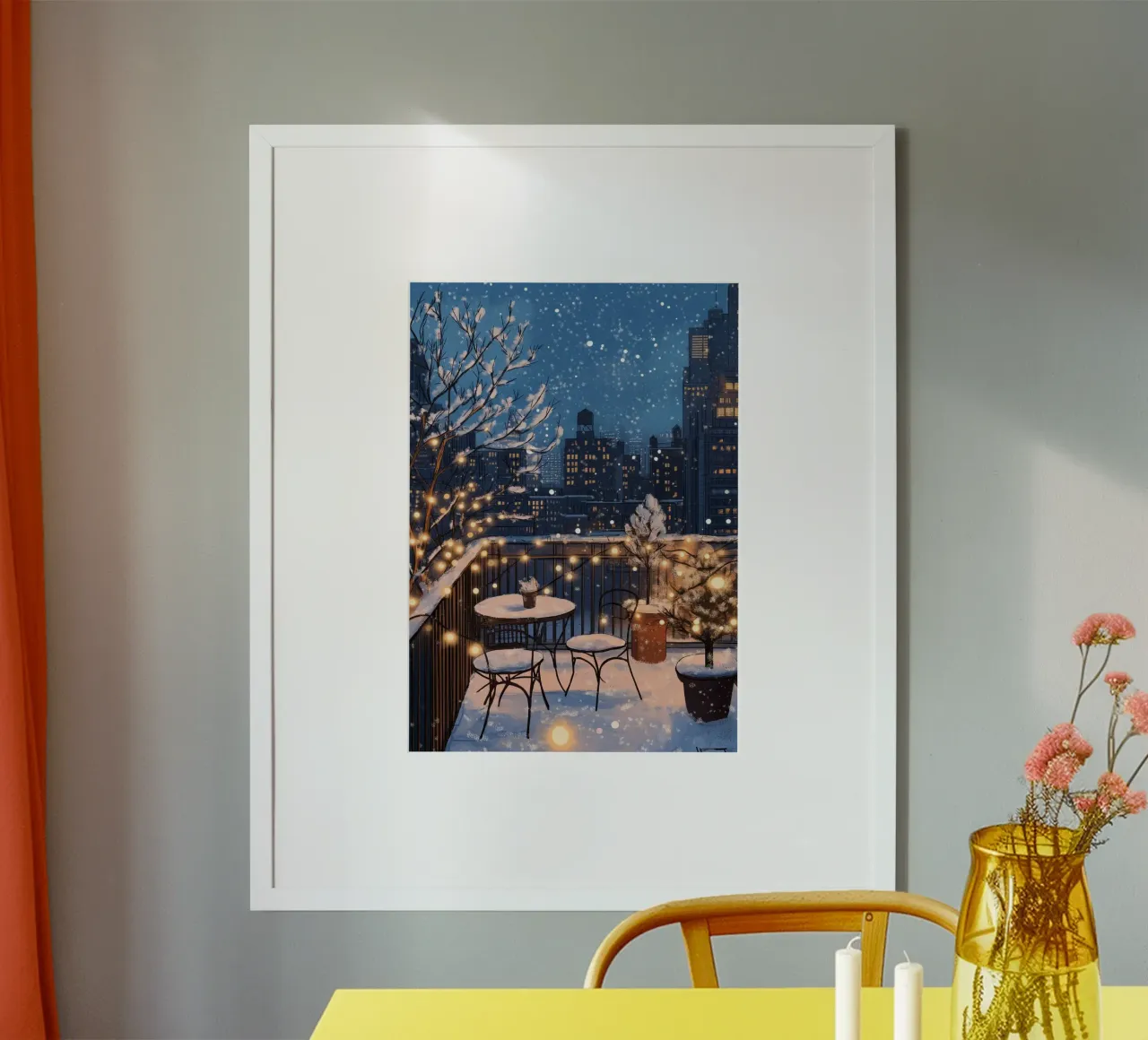 Accogliente balcone invernale - Luci sul tetto della città innevata poster con telaio in alluminio da ClubArt