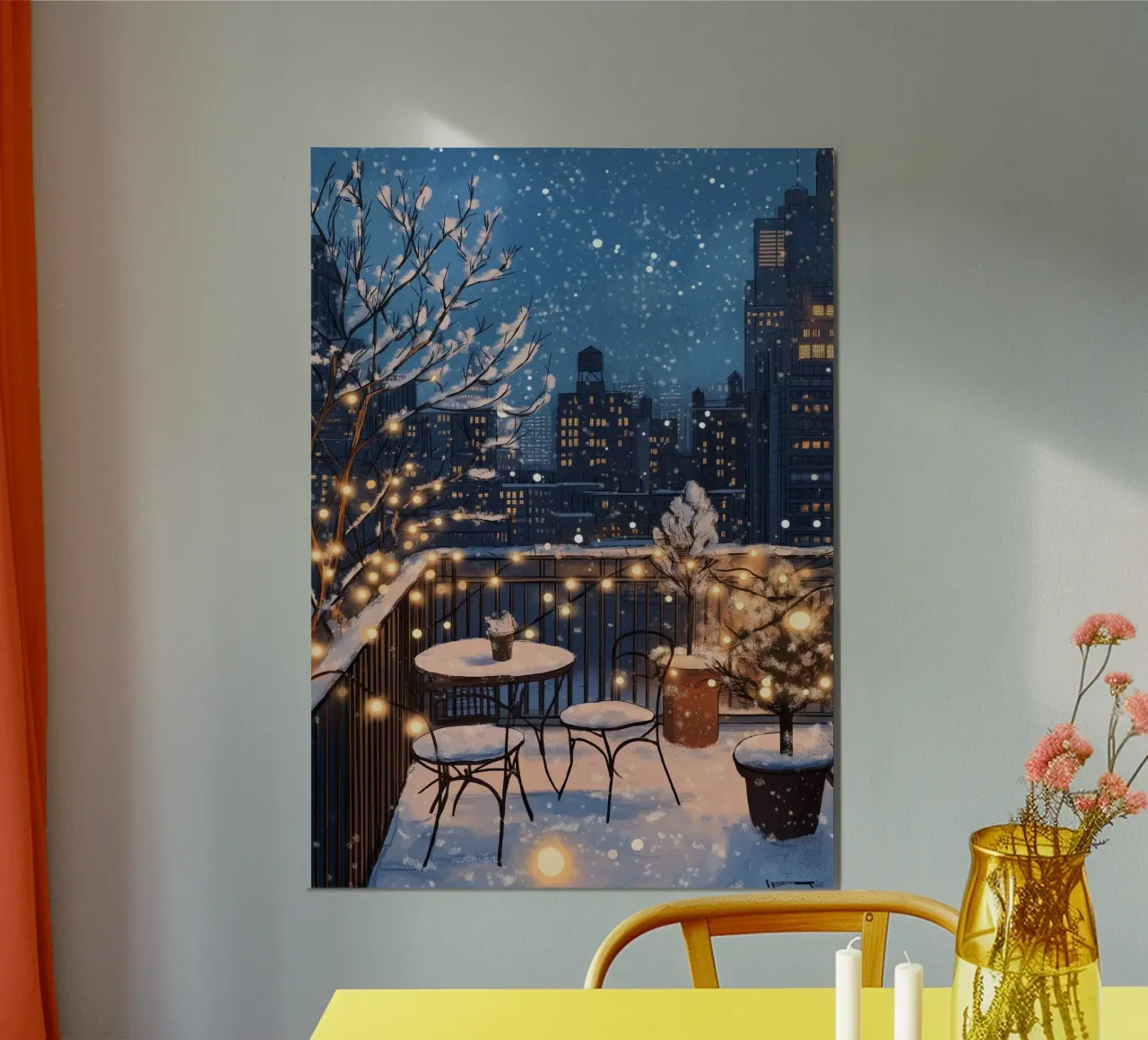 Accogliente balcone invernale - Luci sul tetto della città innevata poster con telaio in alluminio da ClubArt