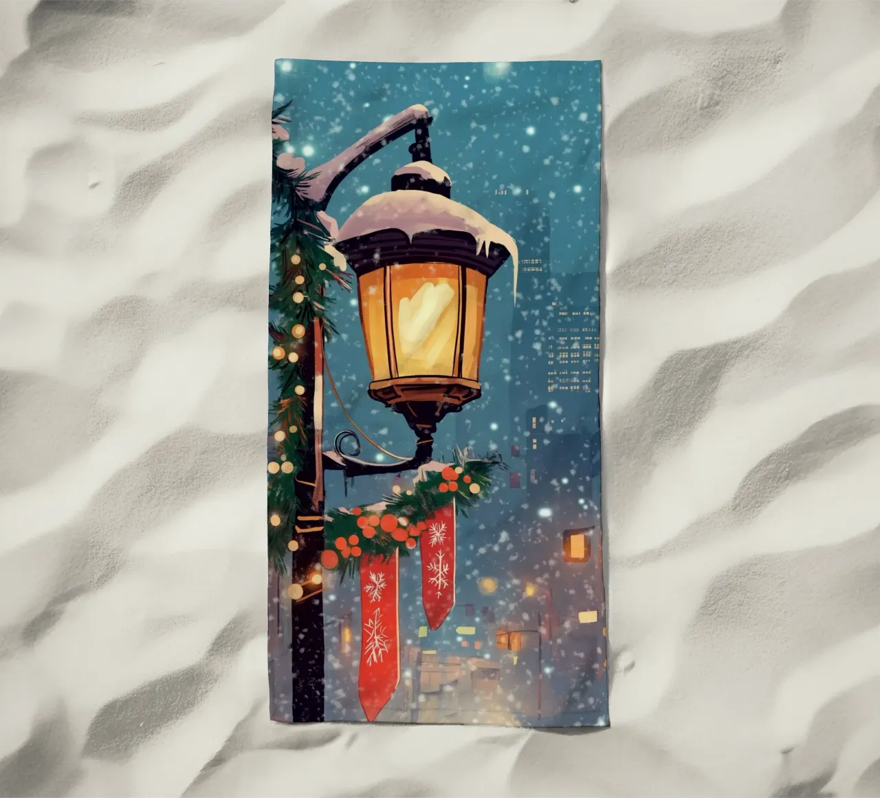 Accogliente lampione invernale - Luci della città innevate telo mare da ClubArt