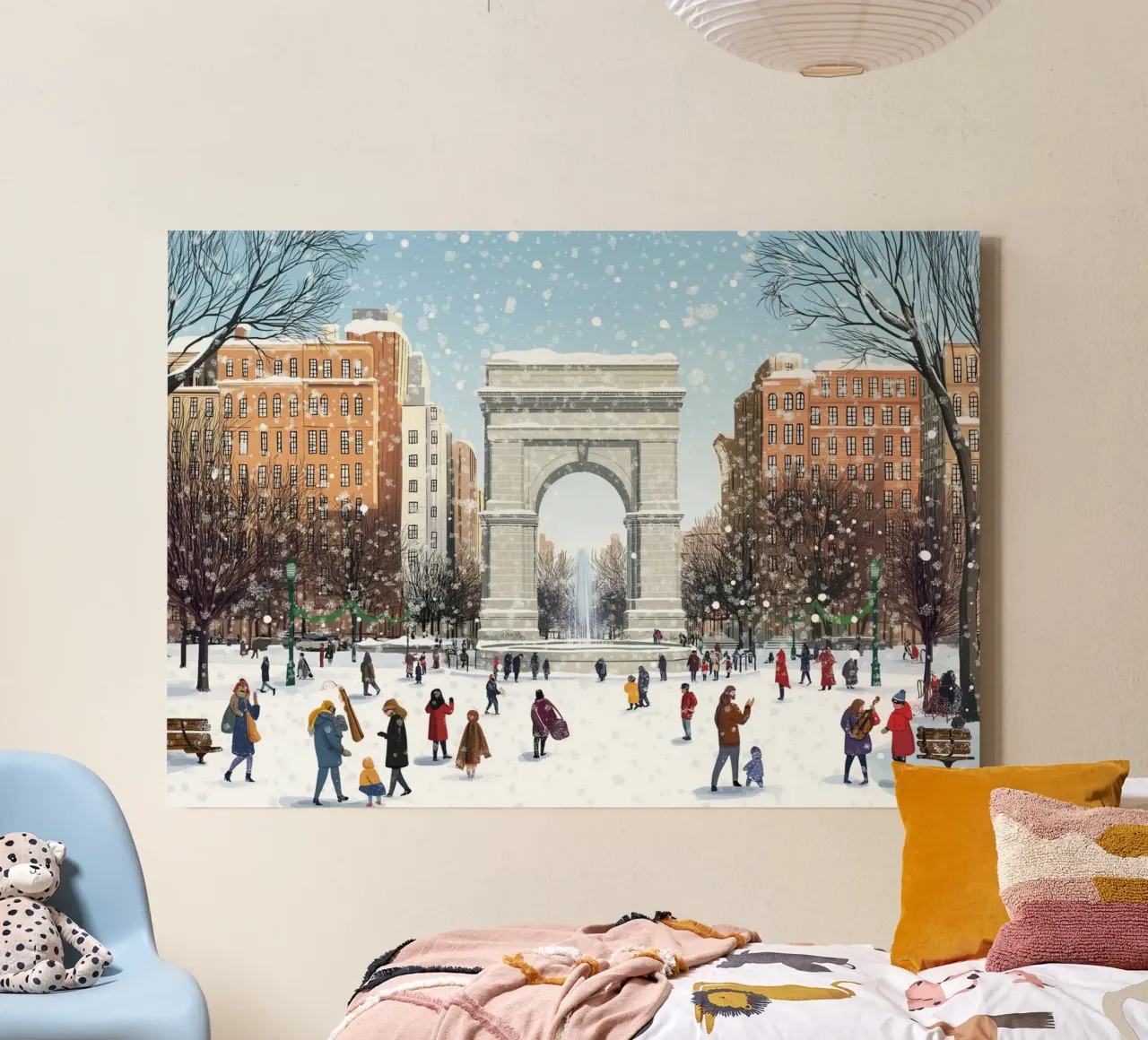 Arco di Washington Square - Scena innevata del parco invernale di New York tela con Cornice a cassetta da ClubArt