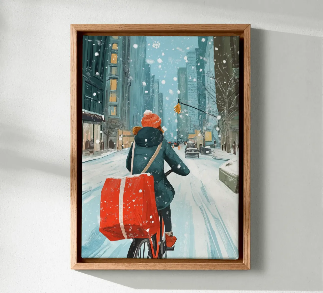 NYC bakfiets - besneeuwde winterrit kunstdruk canvas met Baklijst van ClubArt