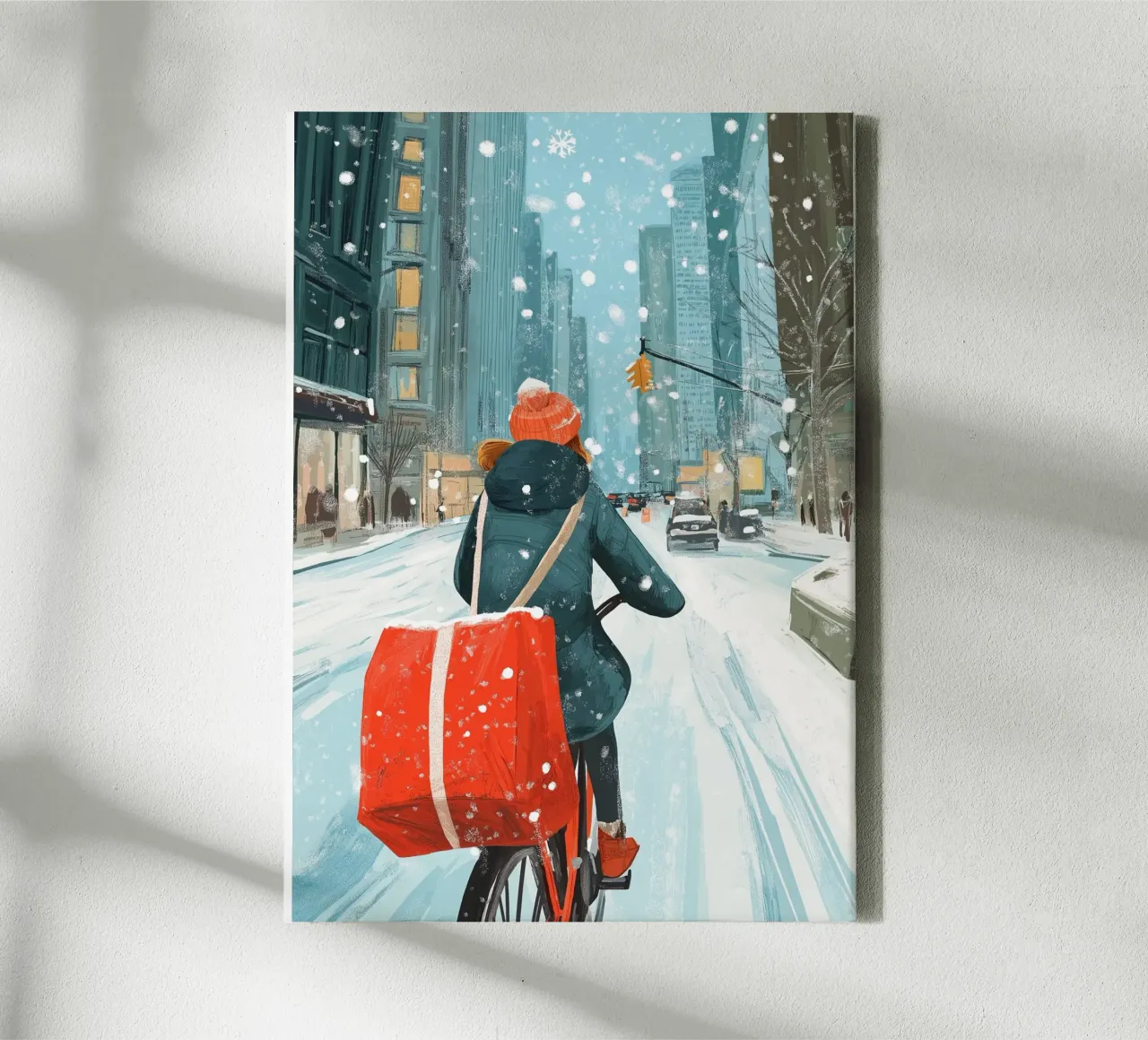 NYC bakfiets - besneeuwde winterrit kunstdruk canvas met Baklijst van ClubArt
