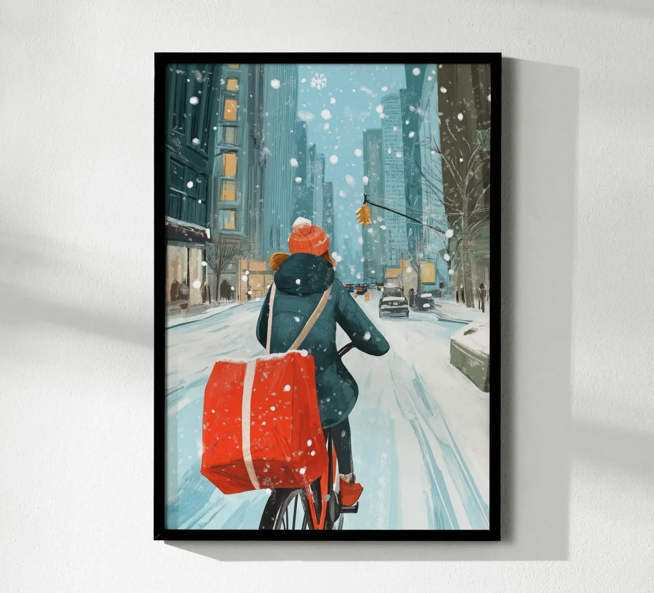 NYC Delivery Bike - Corsa invernale in città innevata Stampa d'arte poster da ClubArt