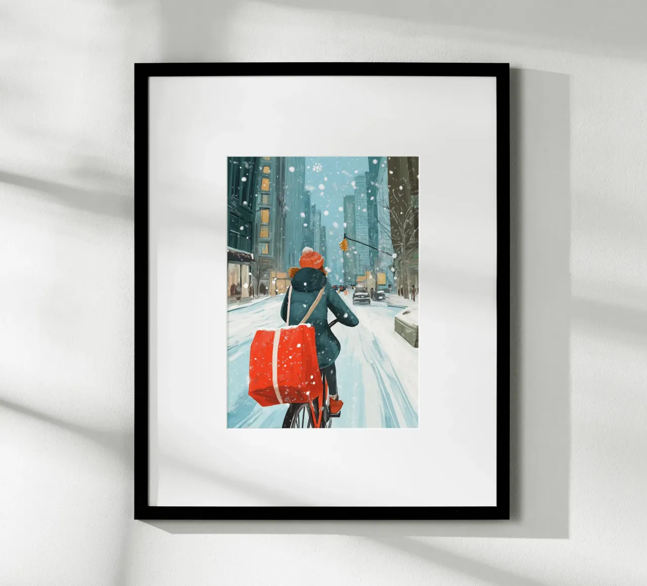 NYC Delivery Bike - Corsa invernale in città innevata Stampa d'arte poster da ClubArt