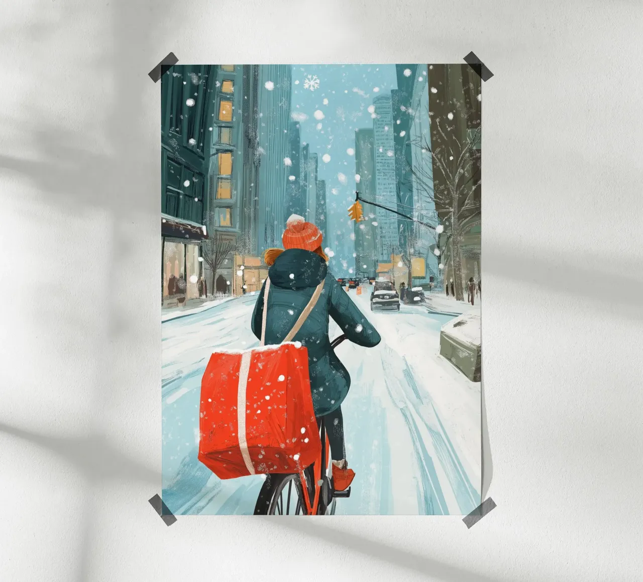 NYC Delivery Bike - Corsa invernale in città innevata Stampa d'arte poster da ClubArt