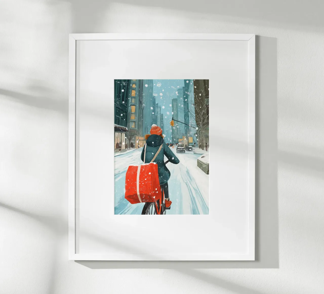 NYC Delivery Bike - Corsa invernale in città innevata Stampa d'arte poster da ClubArt