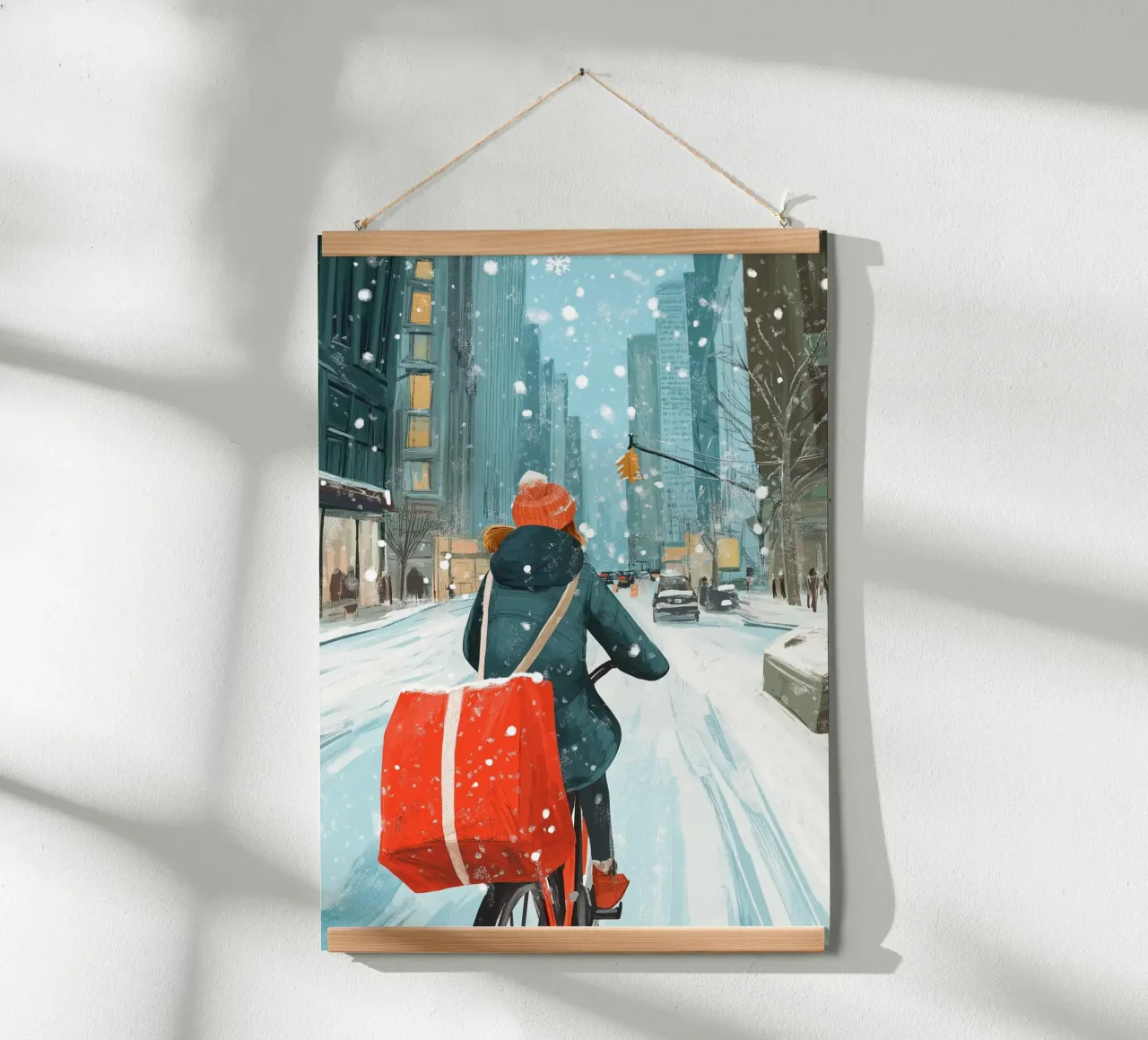 NYC Delivery Bike - Corsa invernale in città innevata Stampa d'arte poster da ClubArt