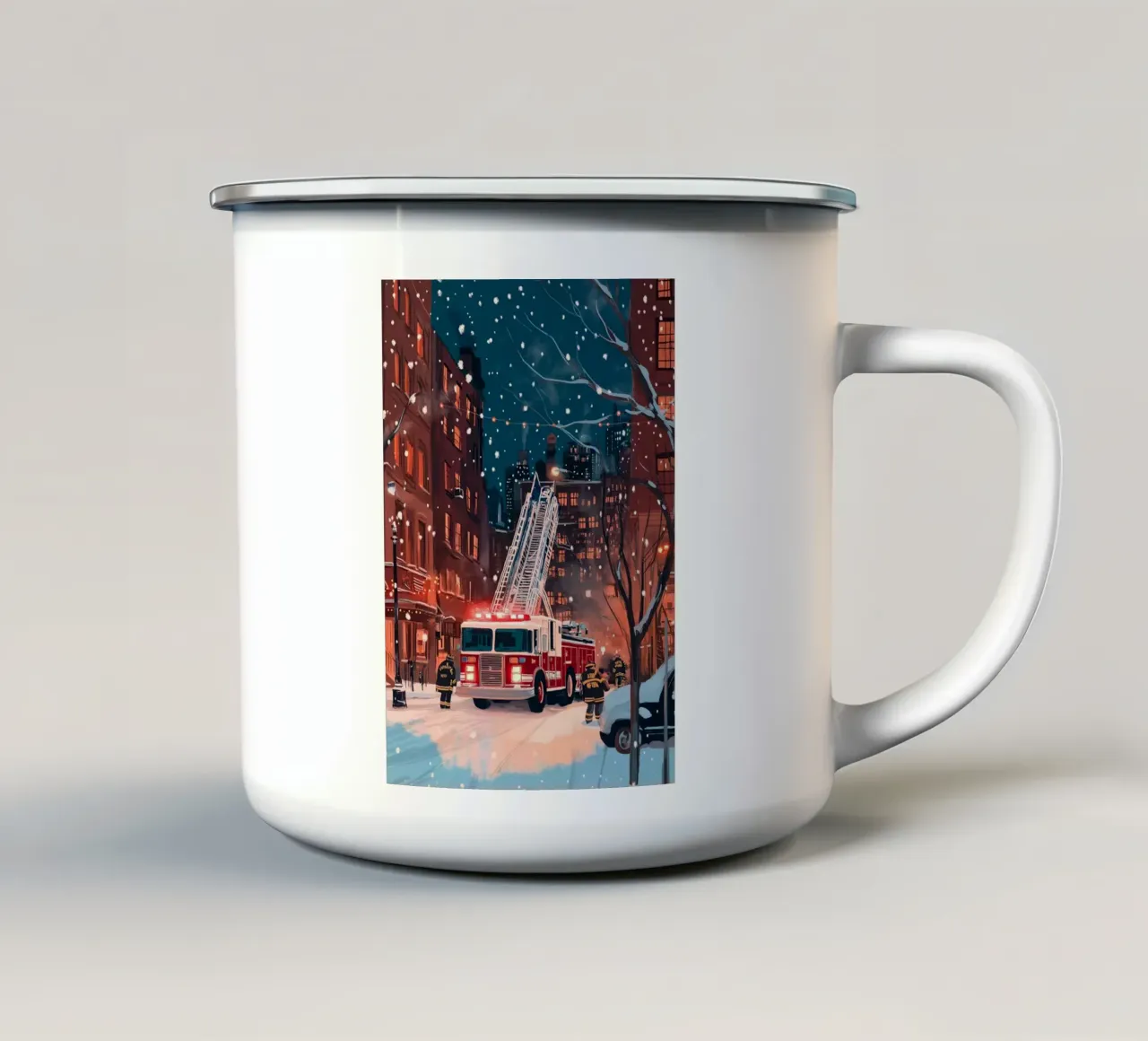 Scena di camion dei pompieri innevati - Arte invernale di emergenza della città di New York tazza in smalto da ClubArt