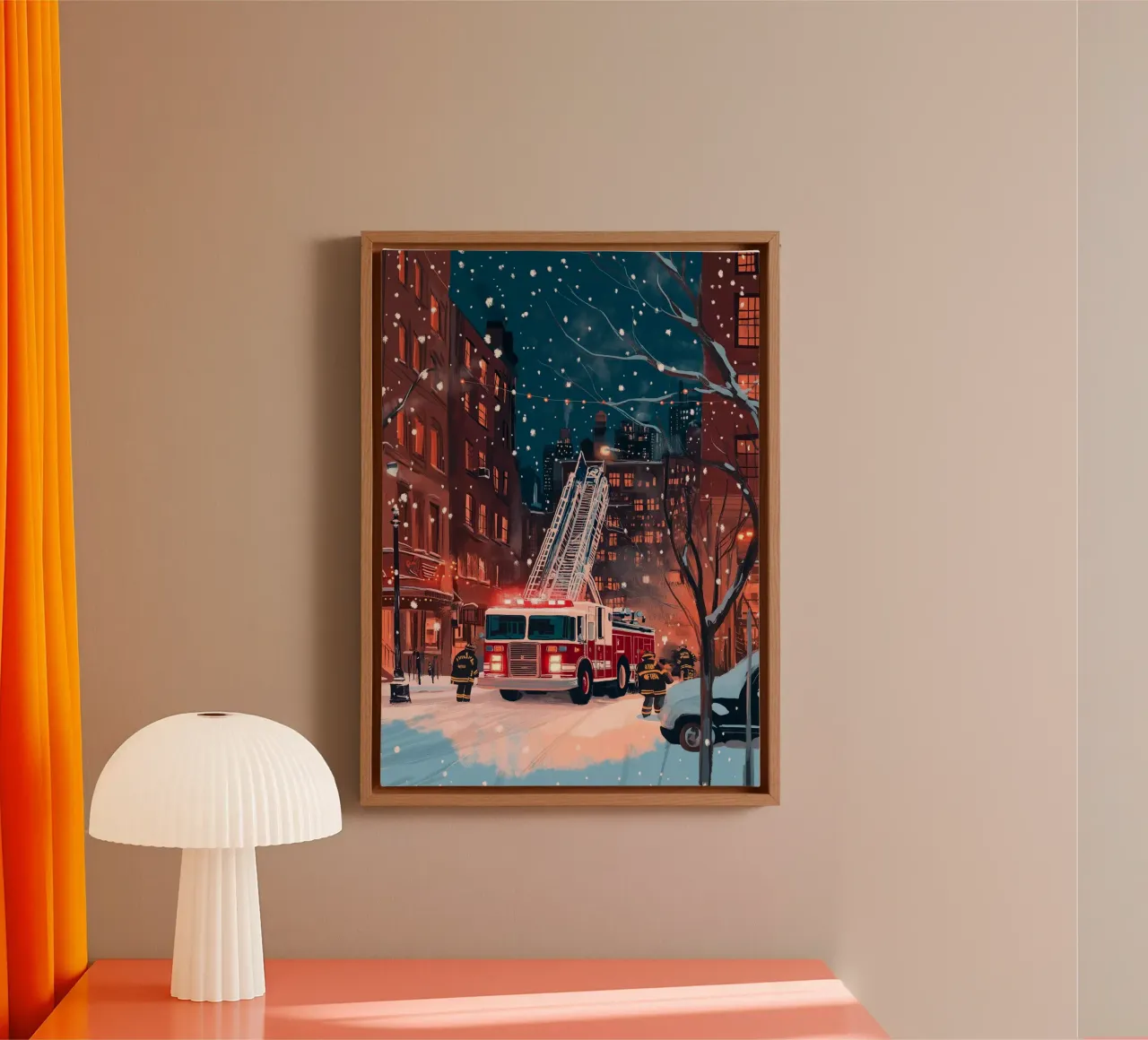 Scena di camion dei pompieri innevati - Arte invernale di emergenza della città di New York tela con Cornice a cassetta da ClubArt