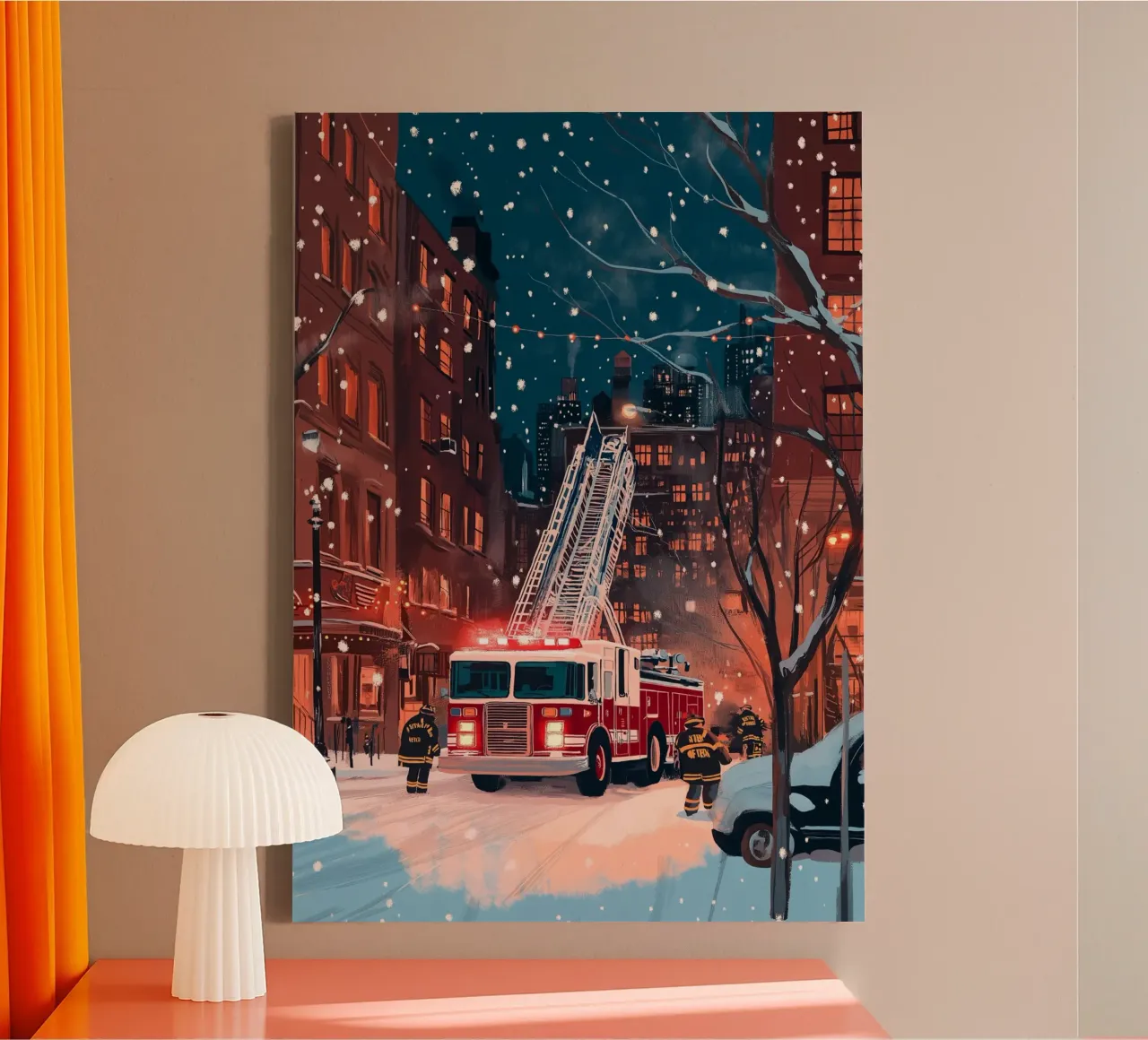 Scena di camion dei pompieri innevati - Arte invernale di emergenza della città di New York tela con Cornice a cassetta da ClubArt