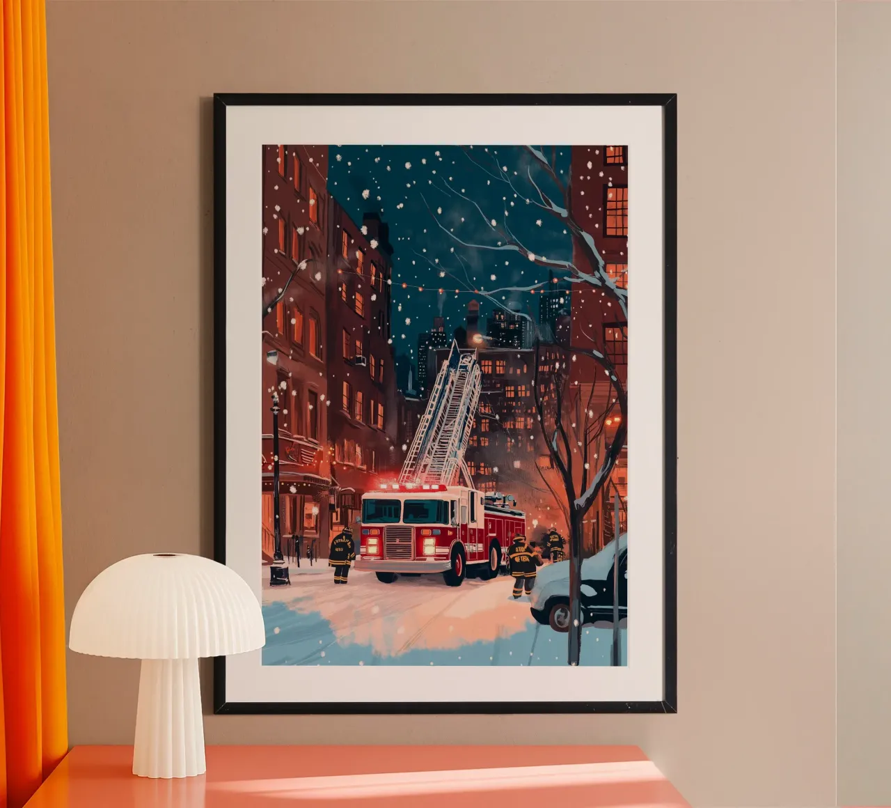 Scena di camion dei pompieri innevati - Arte invernale di emergenza della città di New York poster con telaio in plastica da ClubArt