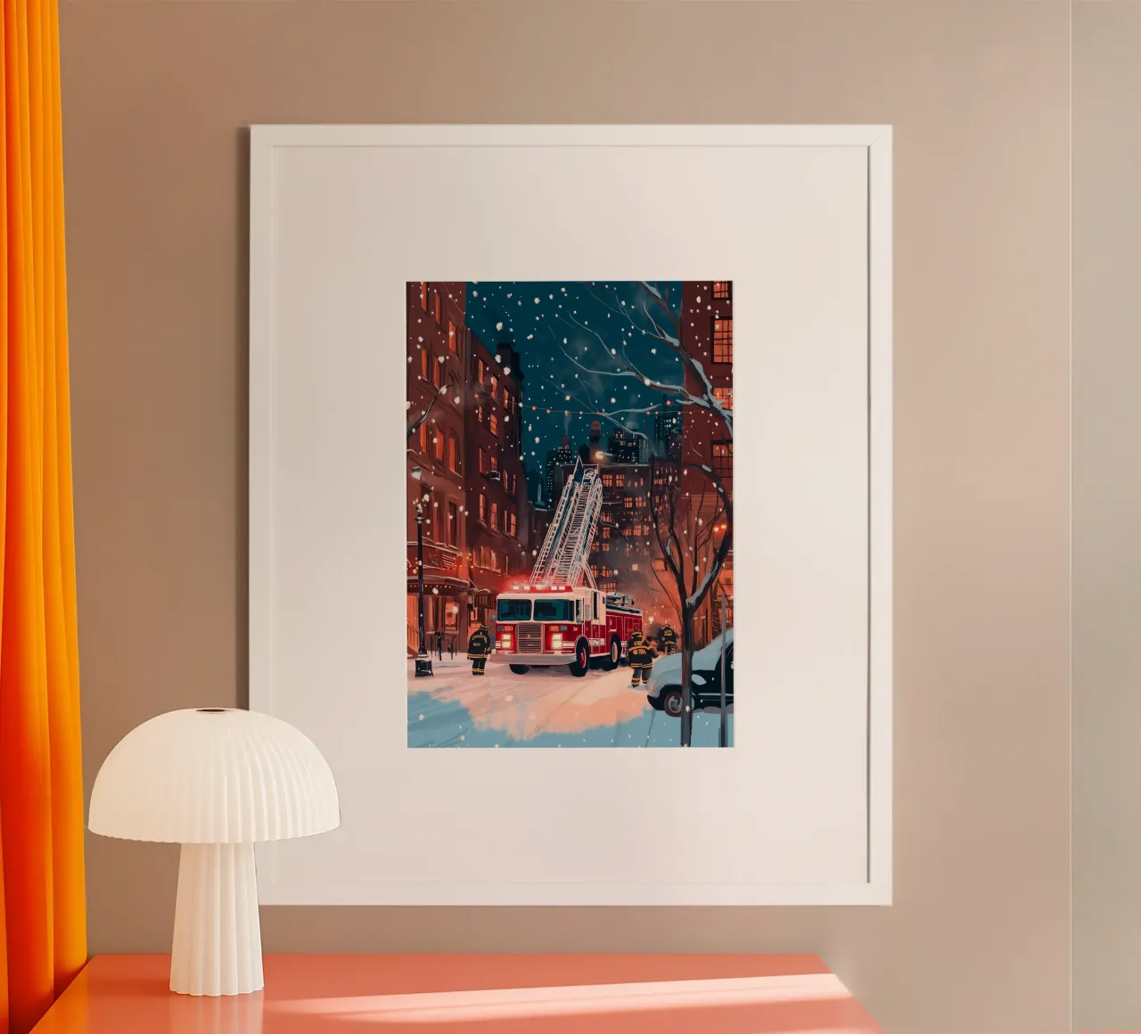 Scena di camion dei pompieri innevati - Arte invernale di emergenza della città di New York poster con telaio in plastica da ClubArt