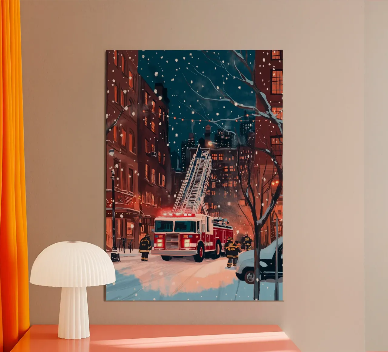 Scena di camion dei pompieri innevati - Arte invernale di emergenza della città di New York poster con telaio in plastica da ClubArt