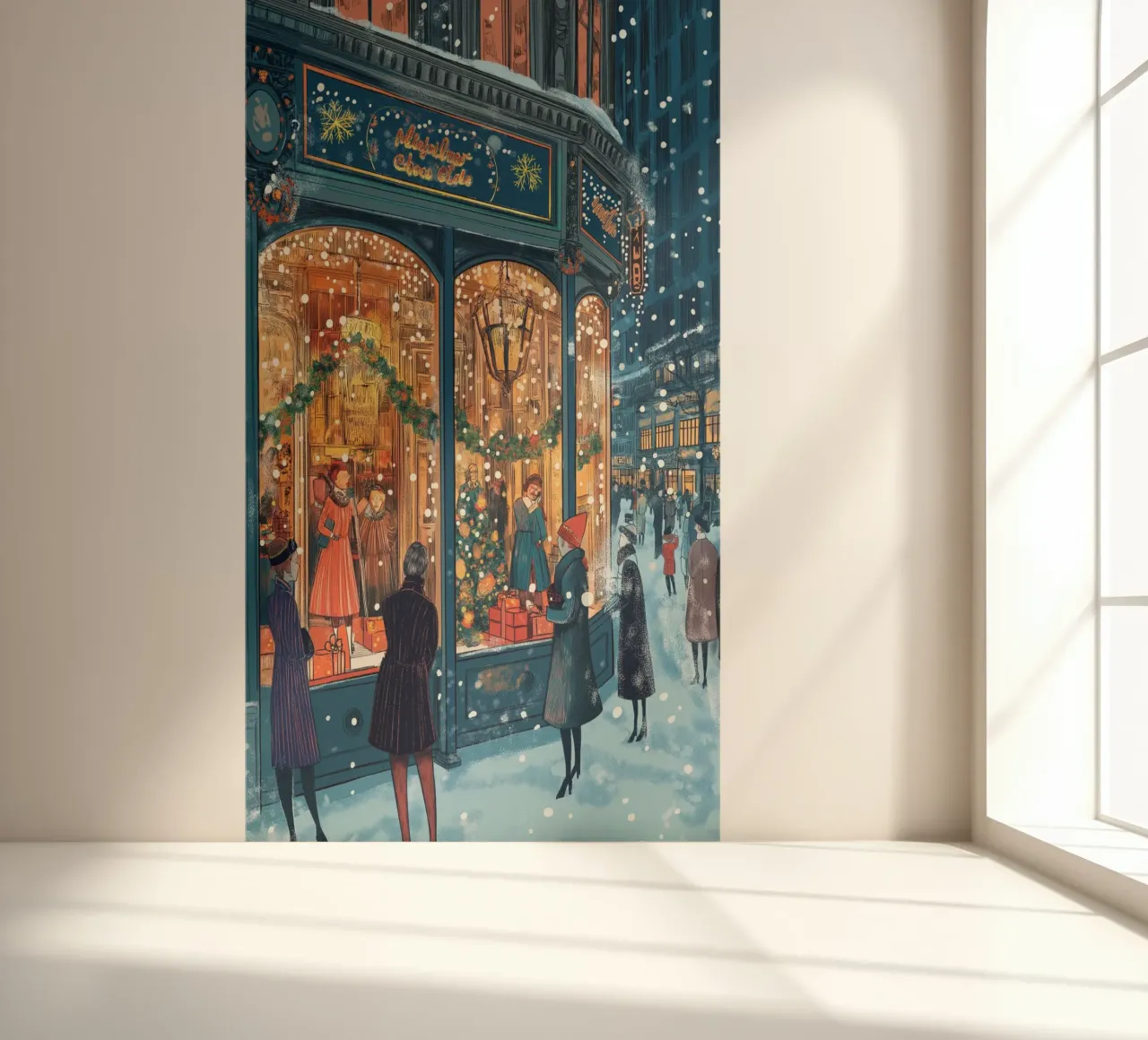 Escaparate festivo - Escena nevada de compras navideñas papel para pared de ClubArt