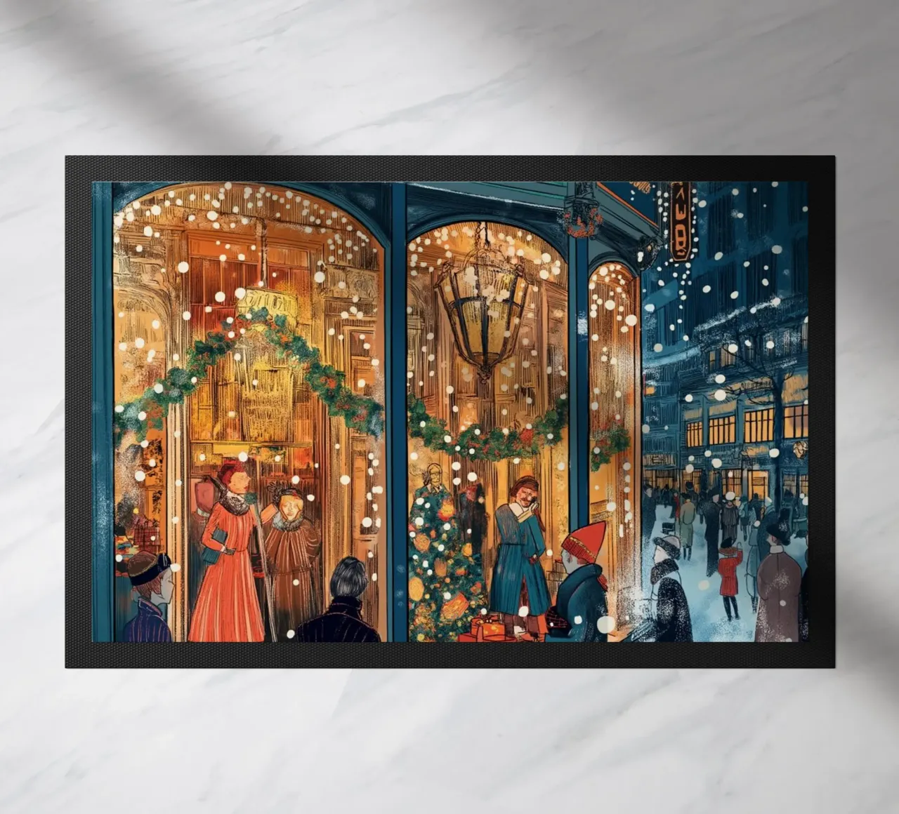 Escaparate festivo - Escena nevada de compras navideñas felpudo de ClubArt