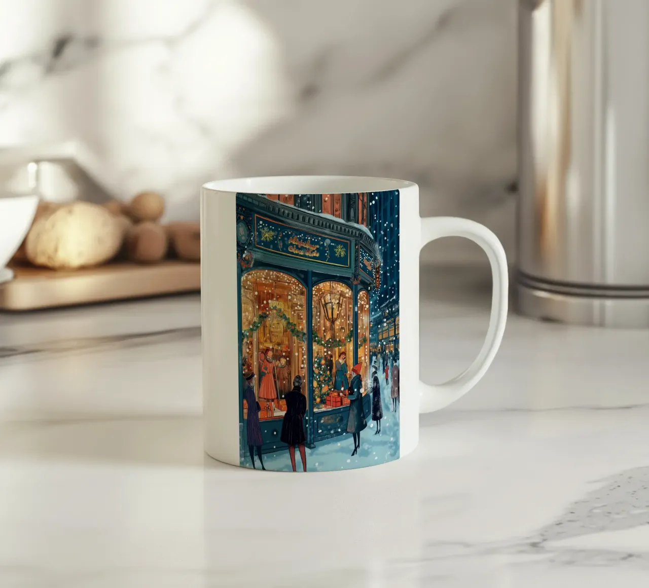 Vetrina festosa - Scena di shopping natalizio innevato tazza in ceramica da ClubArt