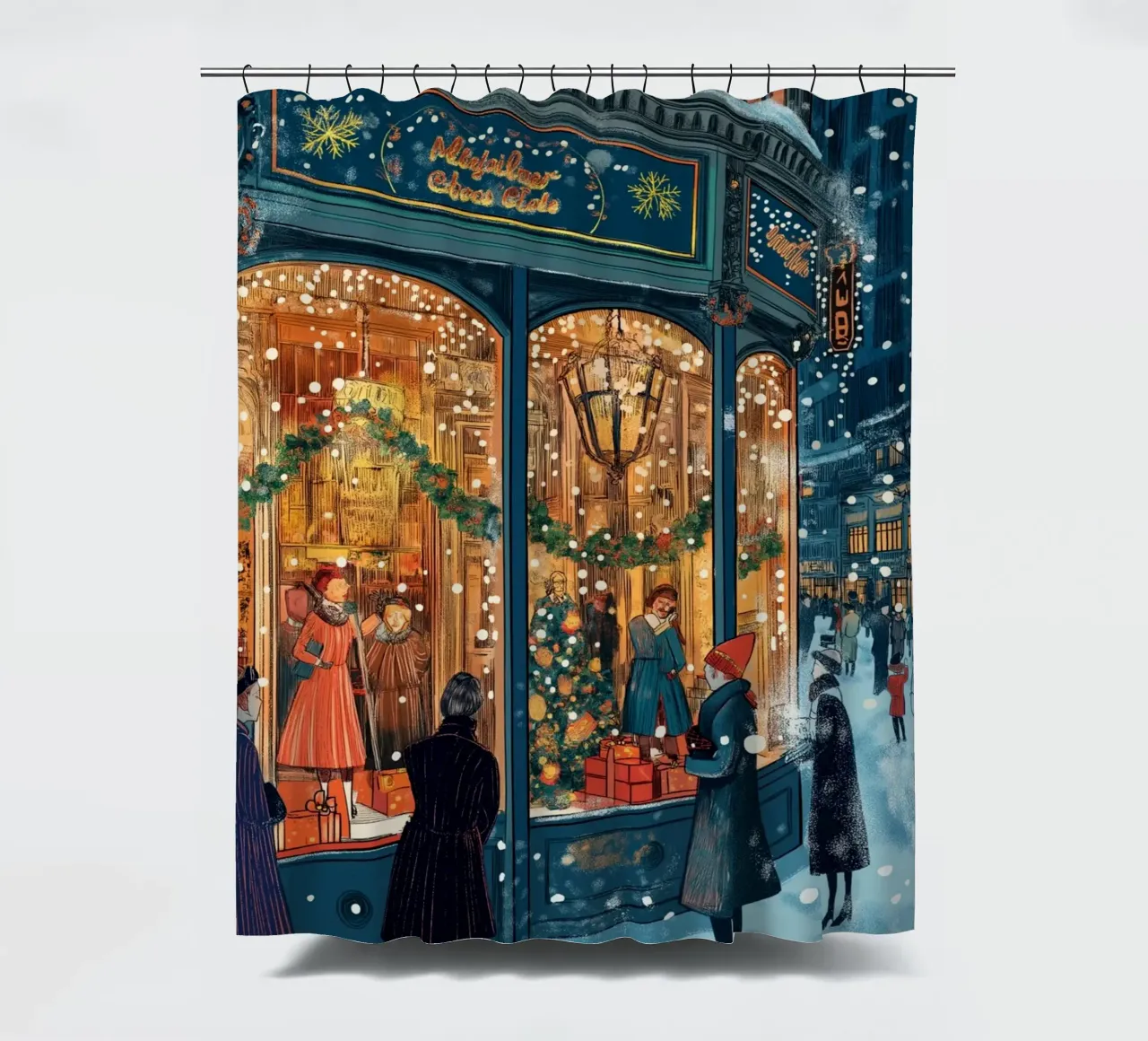 Escaparate festivo - Escena nevada de compras navideñas cortina de baño de ClubArt