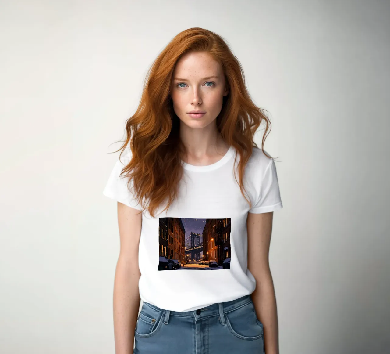 DUMBO Winter Night - Manhattan Bridge Snow Scene Art women's fitted t-shirt by ClubArt