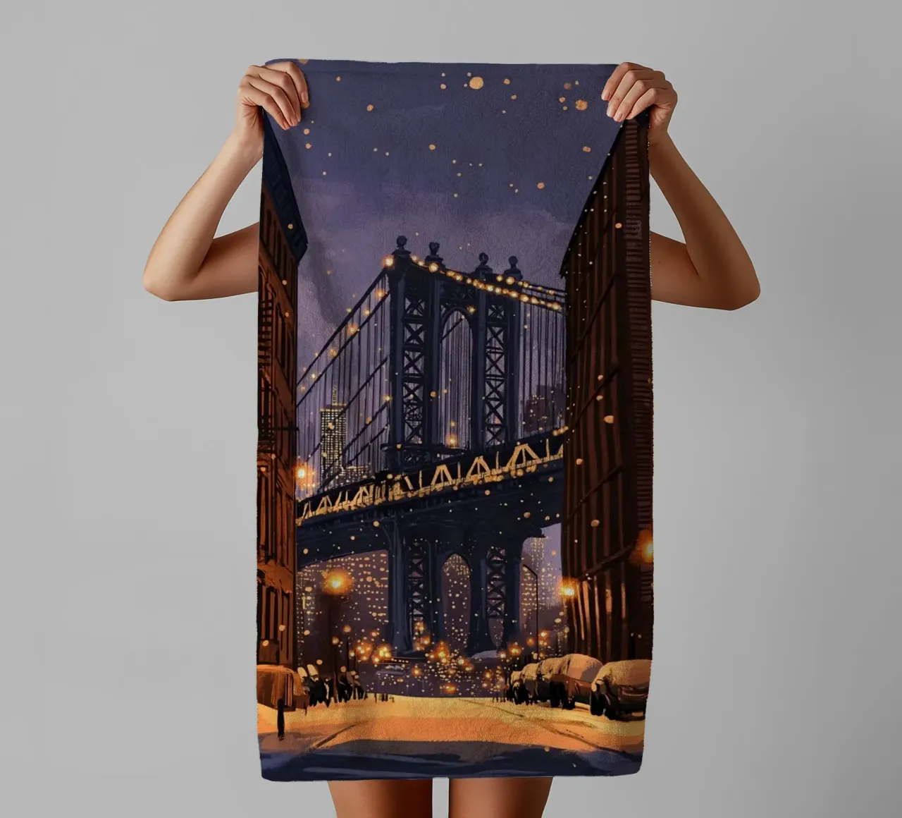 Notte d'inverno a DUMBO - Scena di neve sul ponte di Manhattan asciugamano da bagno da ClubArt