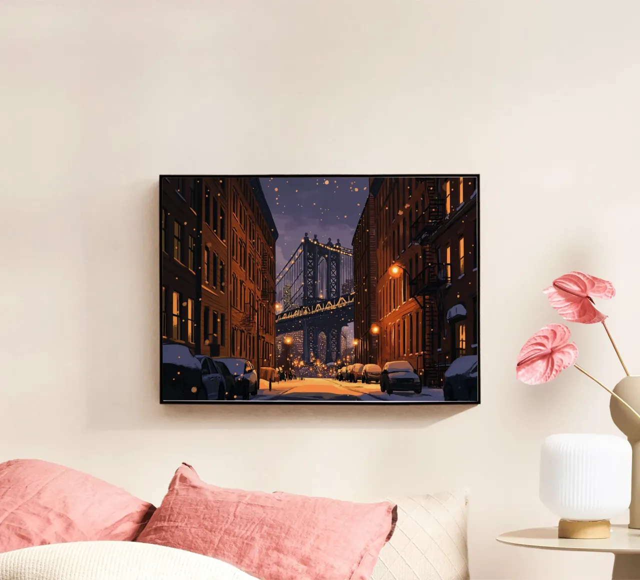 Notte d'inverno a DUMBO - Scena di neve sul ponte di Manhattan plexiglass da ClubArt