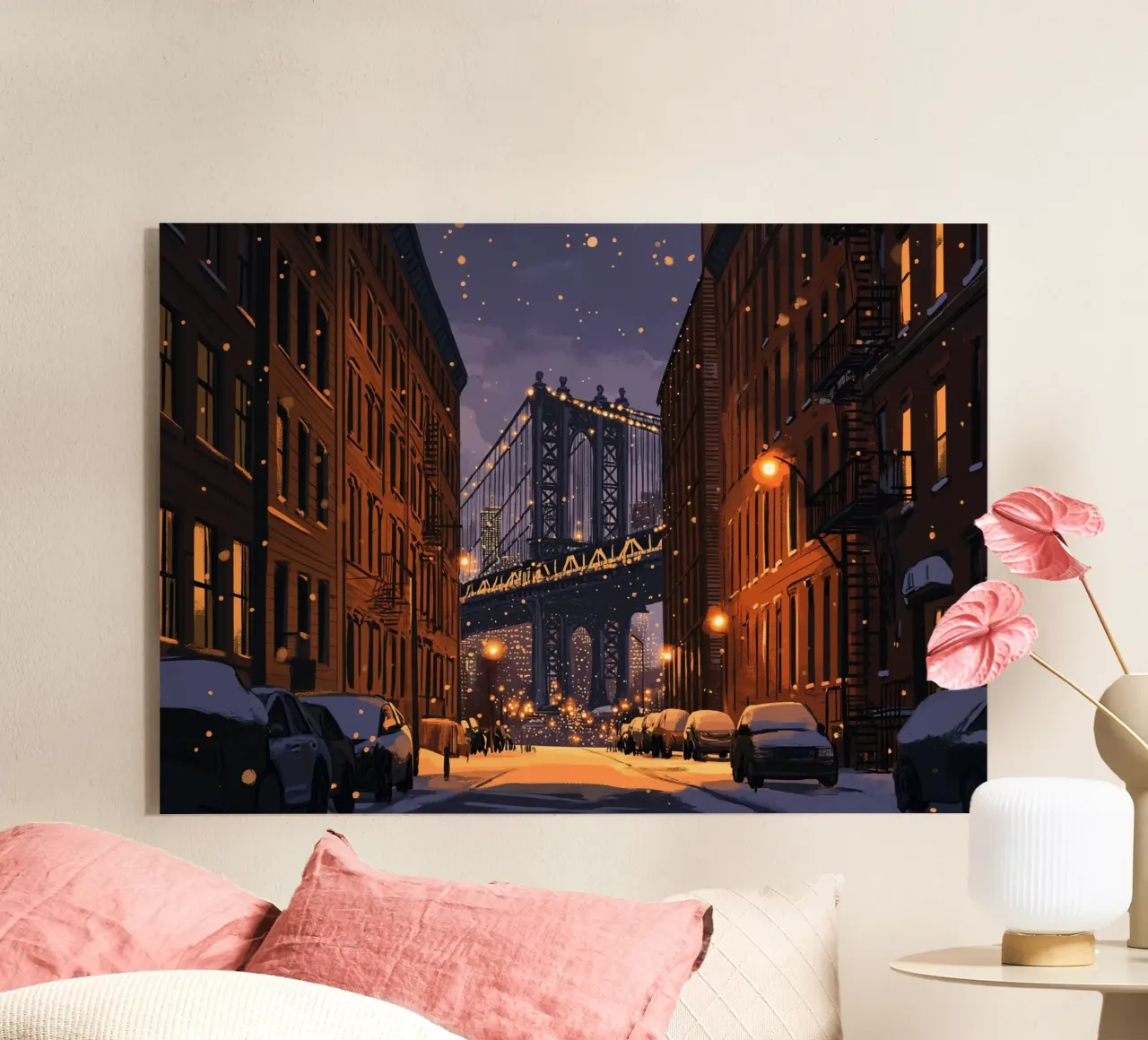 Notte d'inverno a DUMBO - Scena di neve sul ponte di Manhattan plexiglass da ClubArt