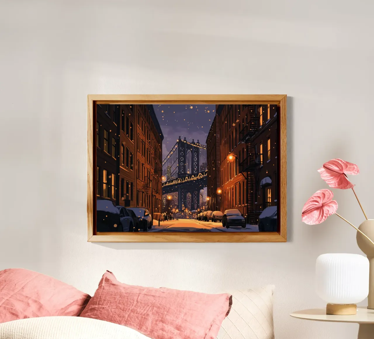 Notte d'inverno a DUMBO - Scena di neve sul ponte di Manhattan alluminio dibond da ClubArt