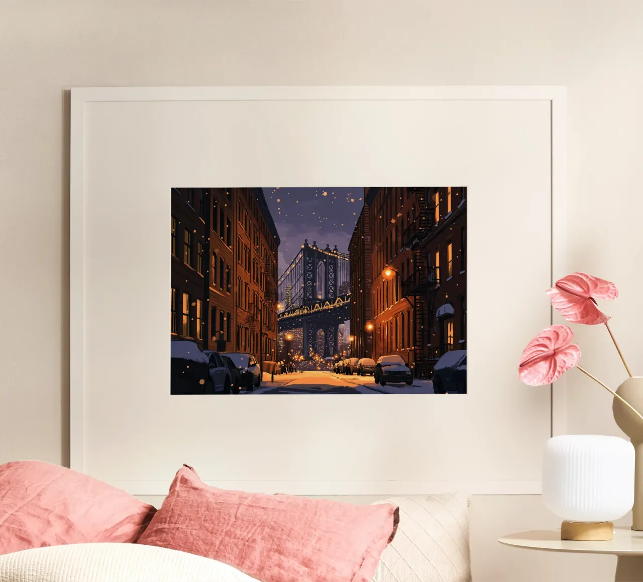 Notte d'inverno a DUMBO - Scena di neve sul ponte di Manhattan carta hahnemühle da ClubArt