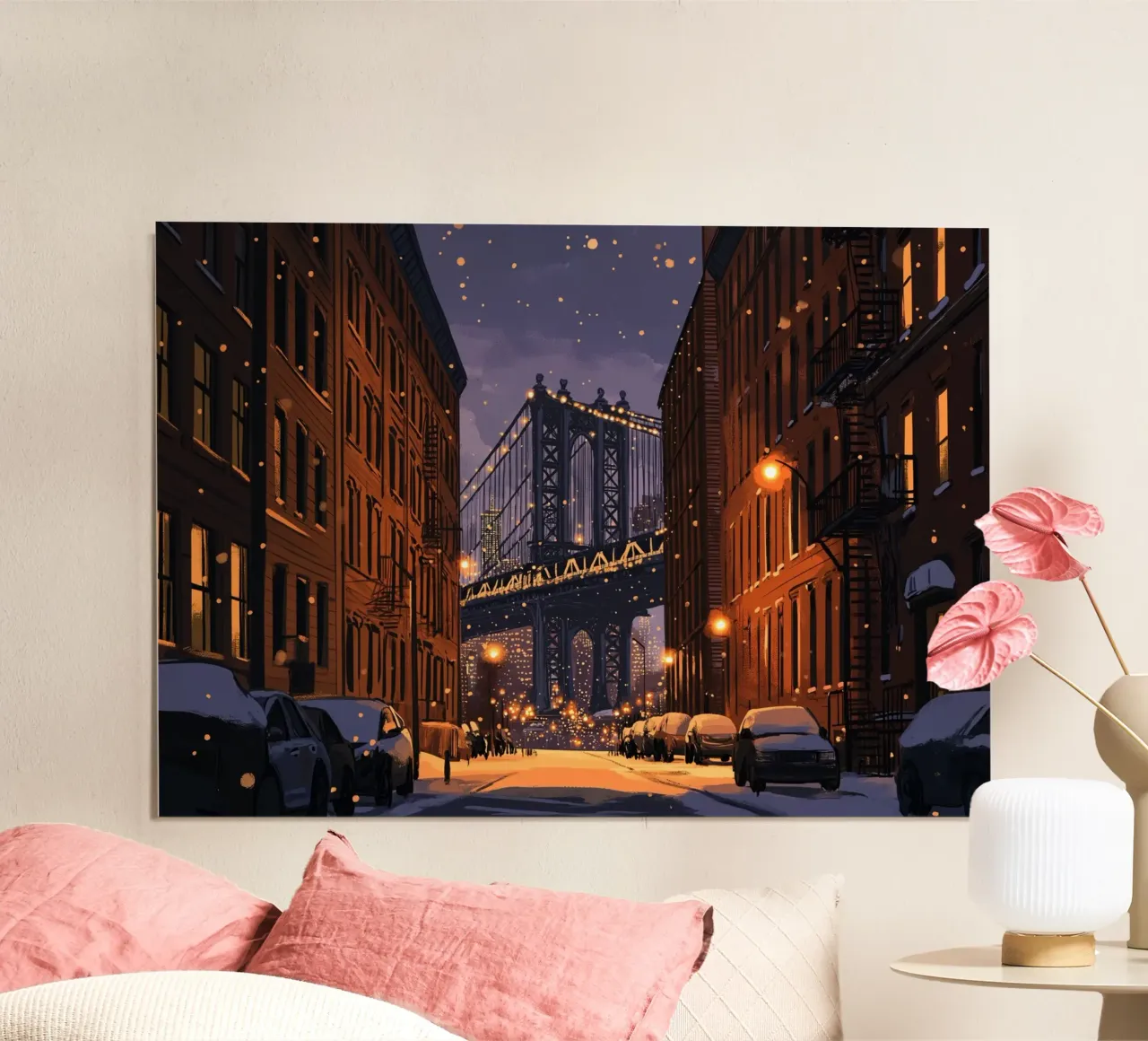 Notte d'inverno a DUMBO - Scena di neve sul ponte di Manhattan carta hahnemühle da ClubArt