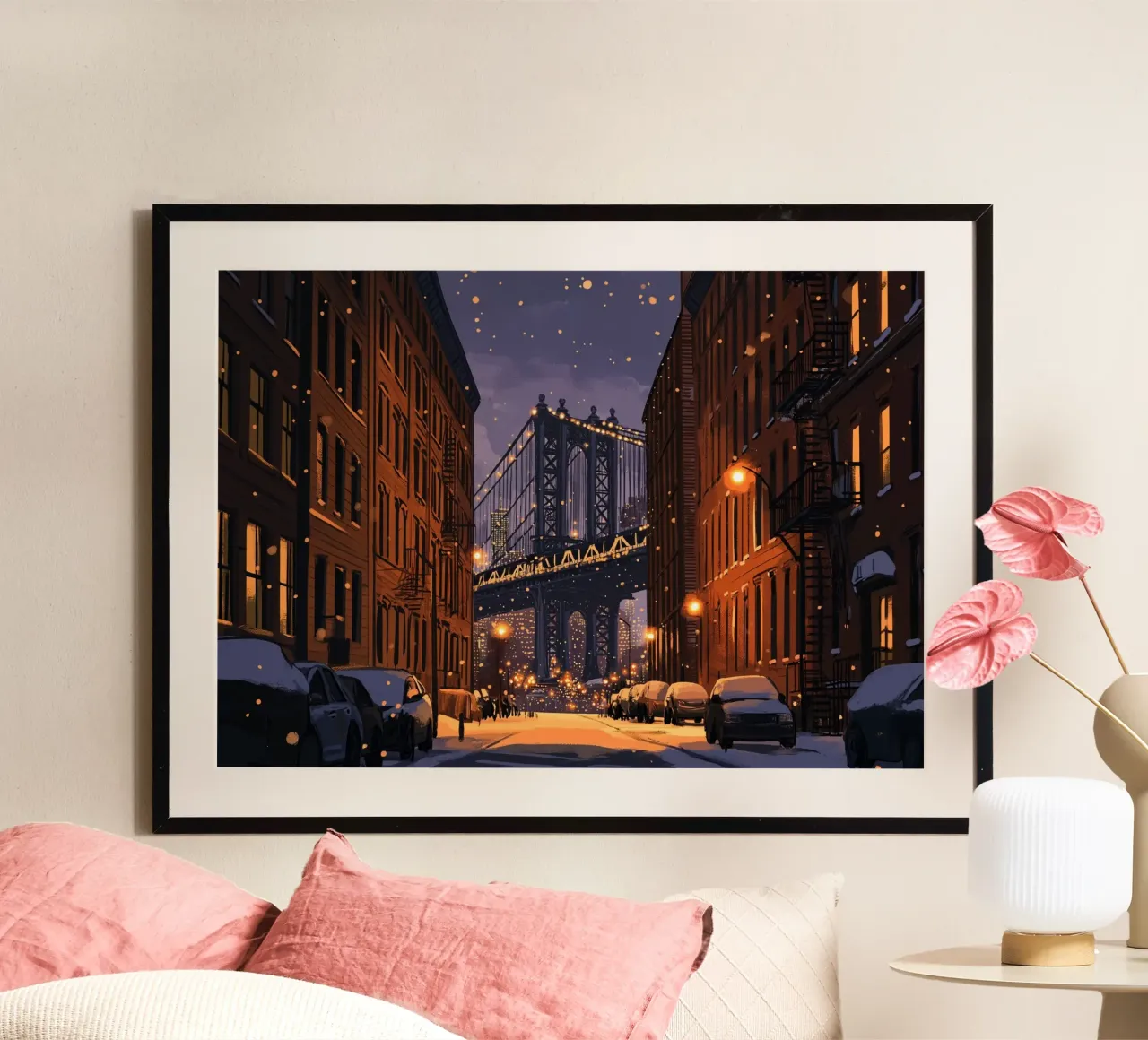 Notte d'inverno a DUMBO - Scena di neve sul ponte di Manhattan carta hahnemühle da ClubArt