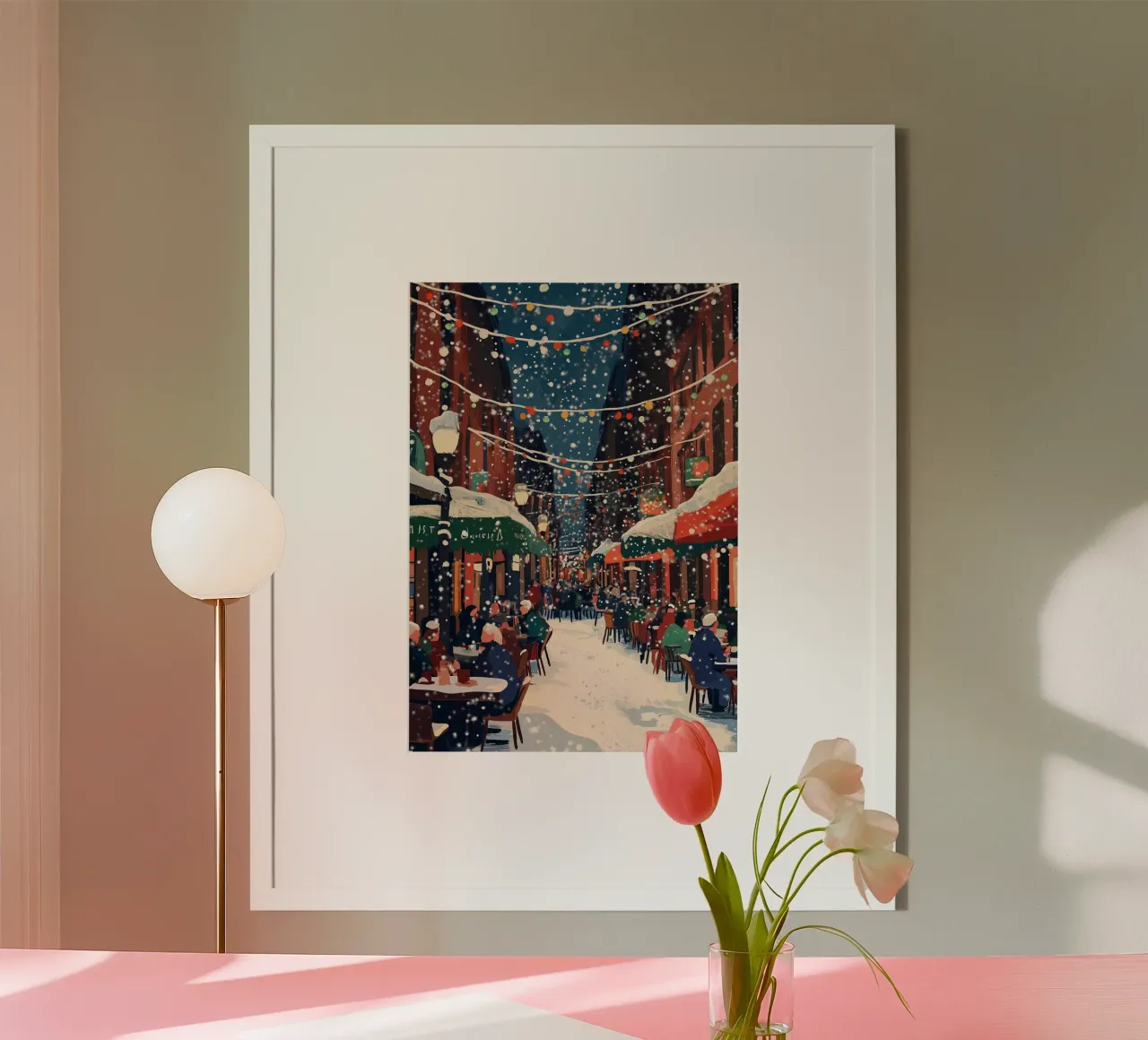 Bistro Street in festa - Scena di ristorazione all'aperto innevata carta hahnemühle da ClubArt