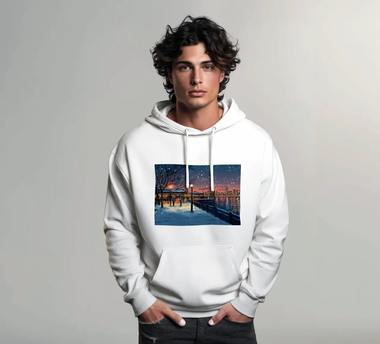 Tramonto sul molo innevato - Raduno invernale sul lungomare di New York felpa con cappuccio da ClubArt