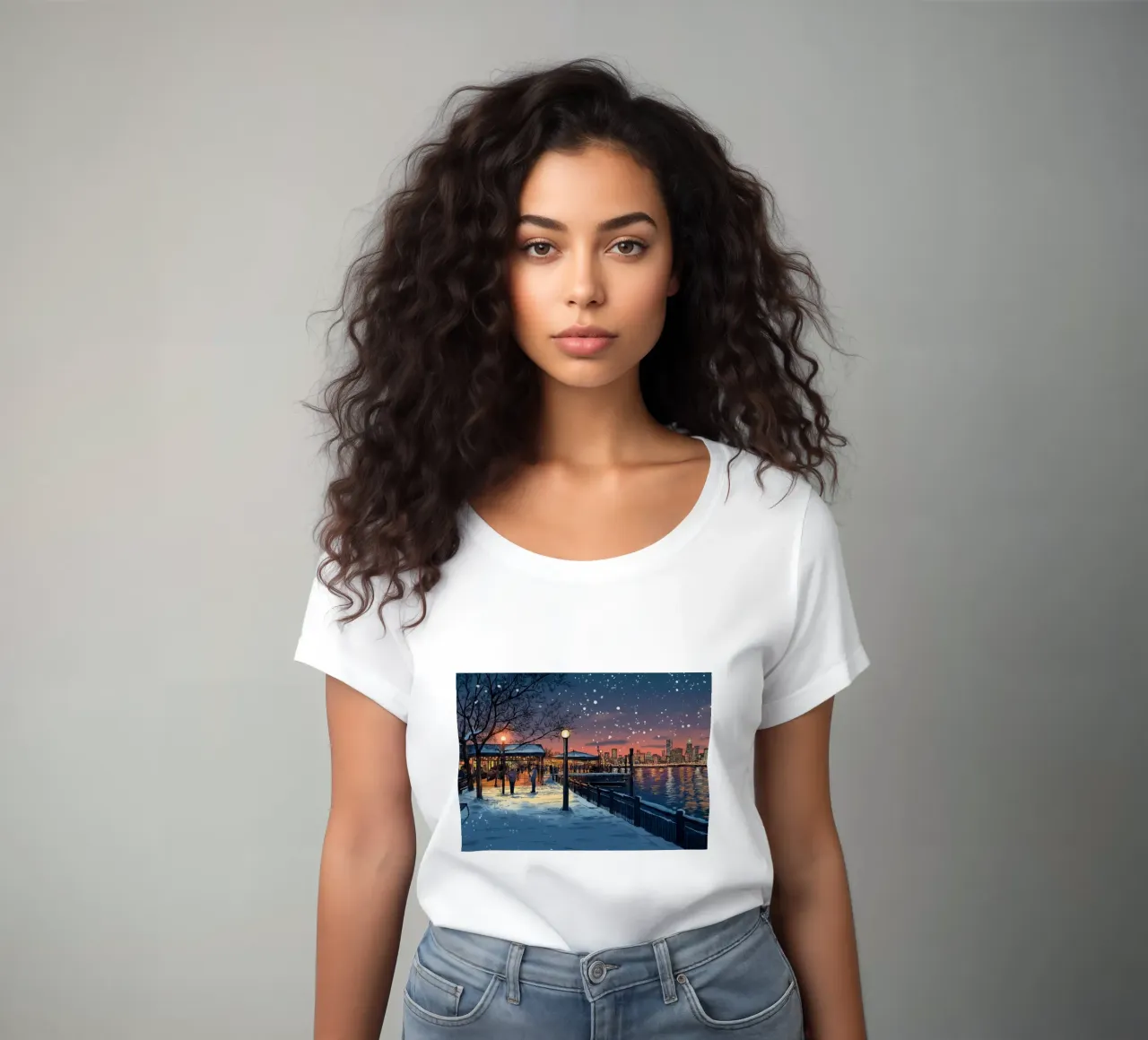 Verschneiter Pier-Sonnenuntergang - NYC Waterfront Winter Gathering Frauen T-Shirt von ClubArt