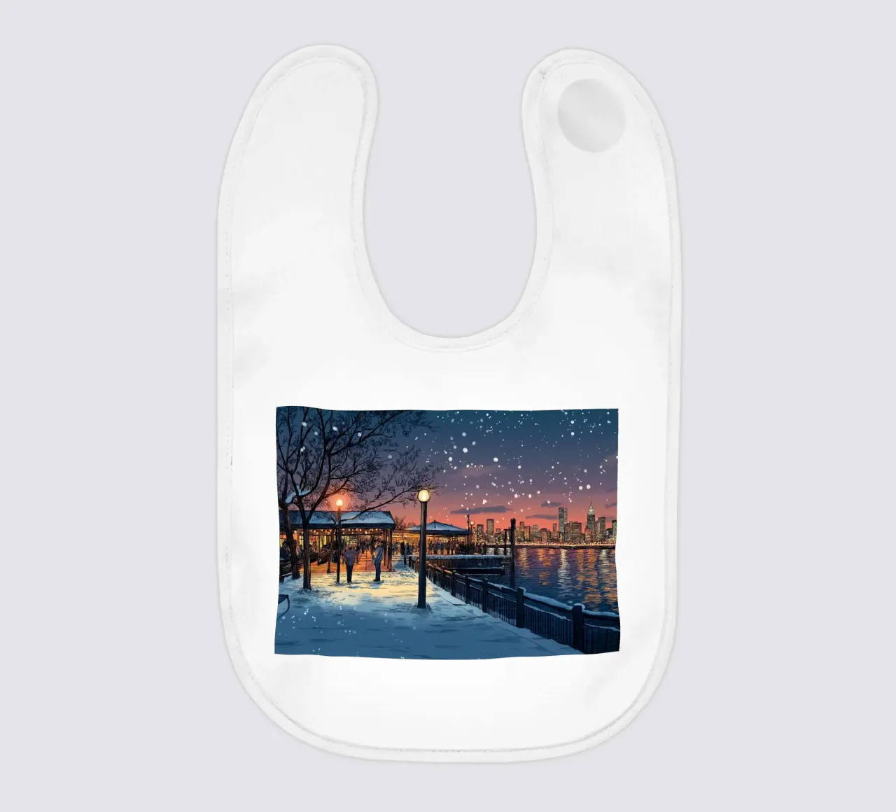 Tramonto sul molo innevato - Raduno invernale sul lungomare di New York bavaglino da ClubArt