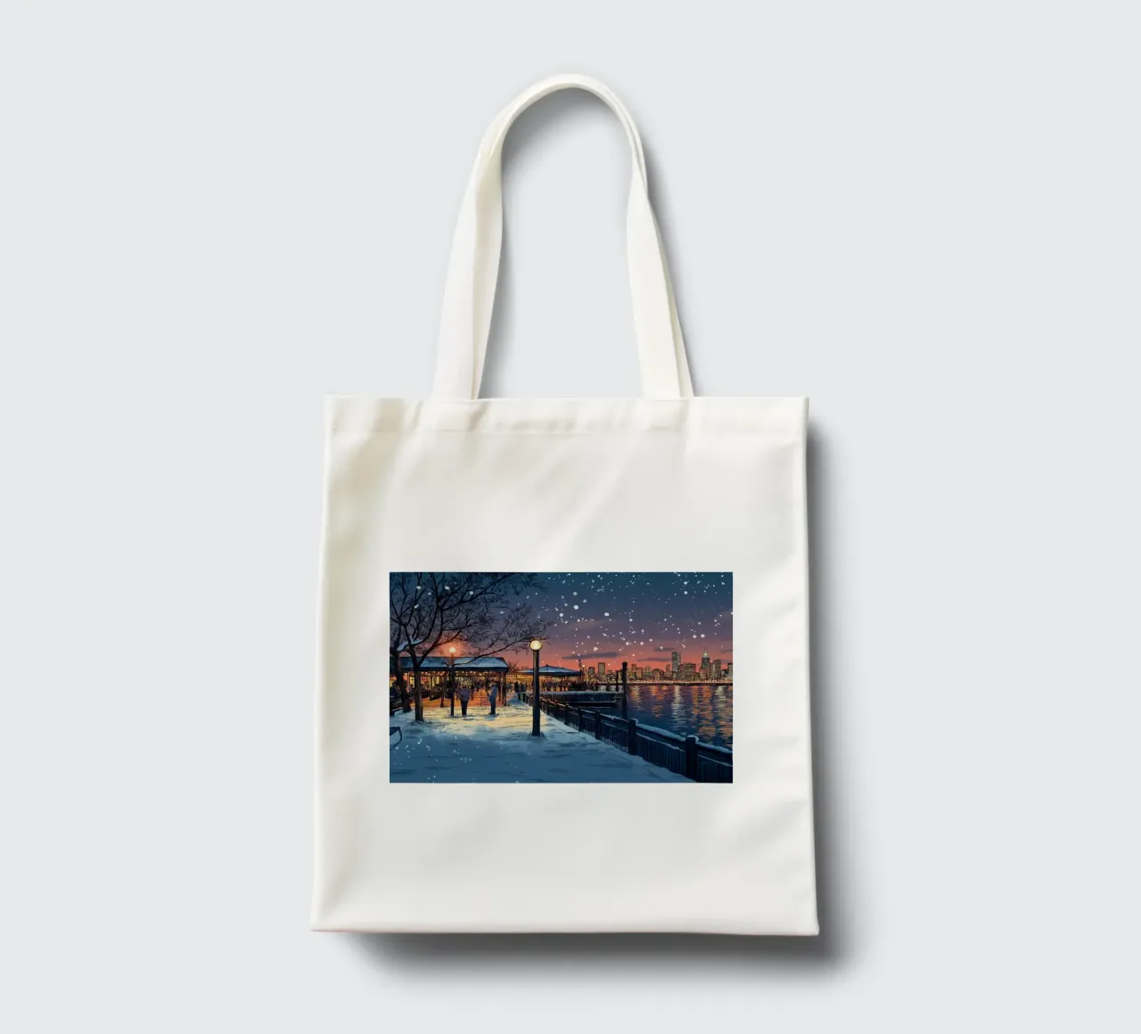 Tramonto sul molo innevato - Raduno invernale sul lungomare di New York borsa in juta da ClubArt