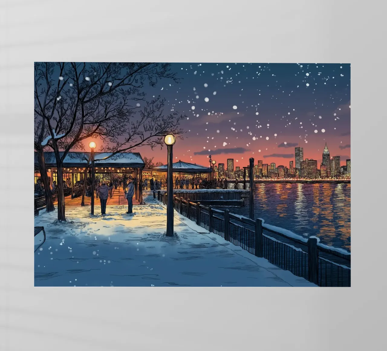 Tramonto sul molo innevato - Raduno invernale sul lungomare di New York pellicola backlit da ClubArt