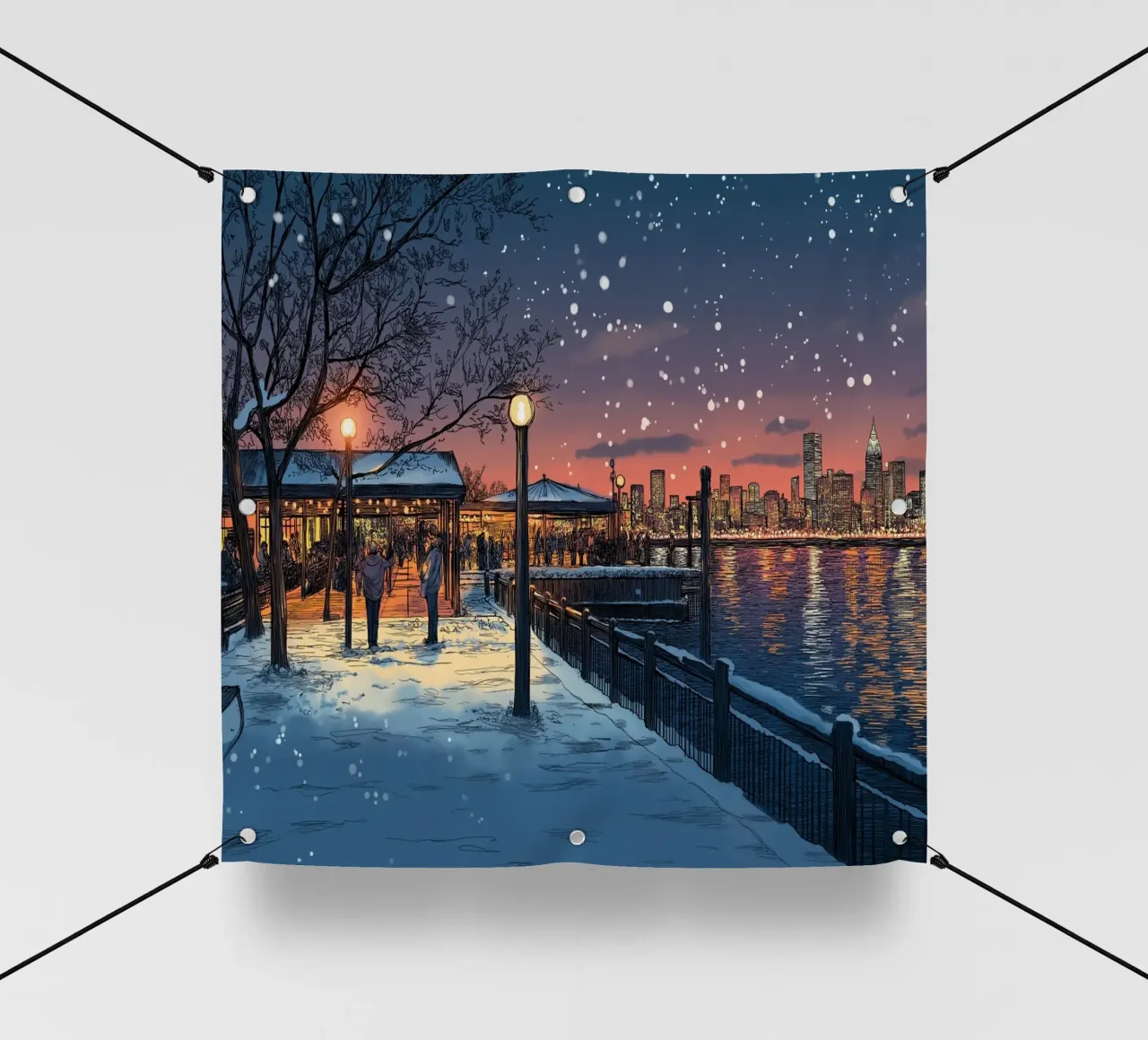 Tramonto sul molo innevato - Raduno invernale sul lungomare di New York telo in pvc da ClubArt