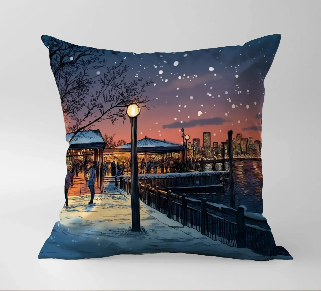 Tramonto sul molo innevato - Raduno invernale sul lungomare di New York cuscino da ClubArt
