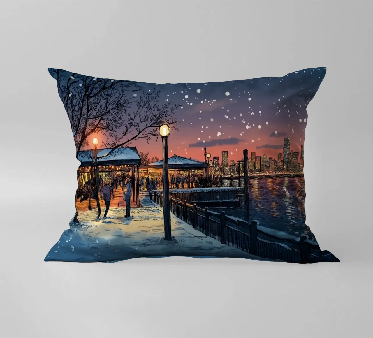 Tramonto sul molo innevato - Raduno invernale sul lungomare di New York cuscino da ClubArt