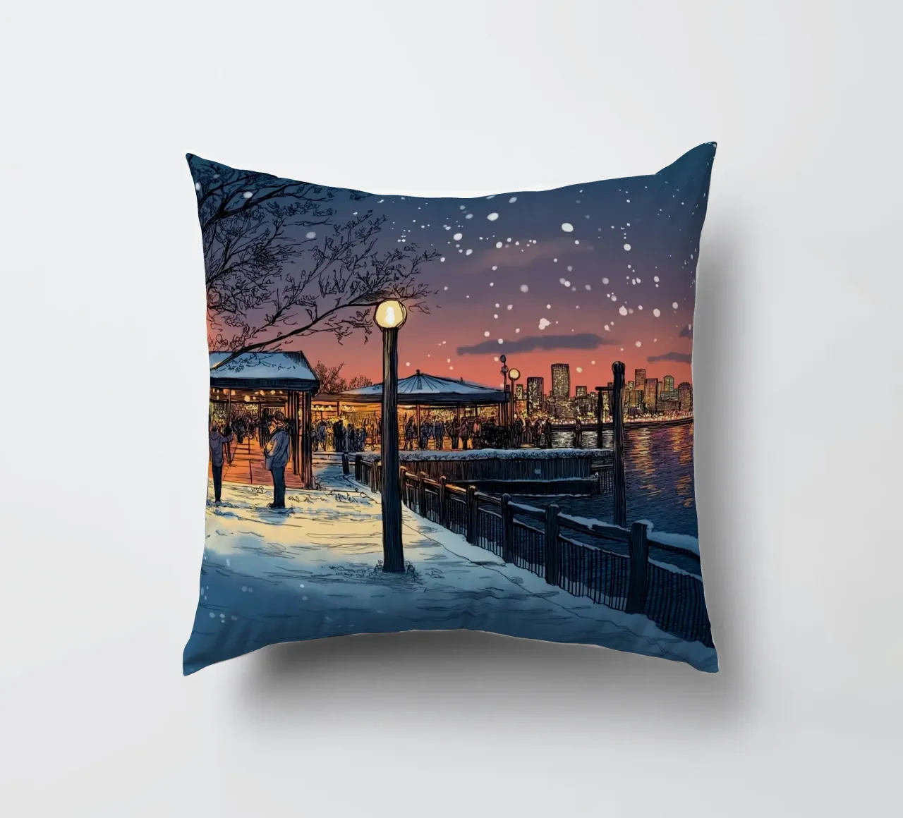 Tramonto sul molo innevato - Raduno invernale sul lungomare di New York cuscino da ClubArt